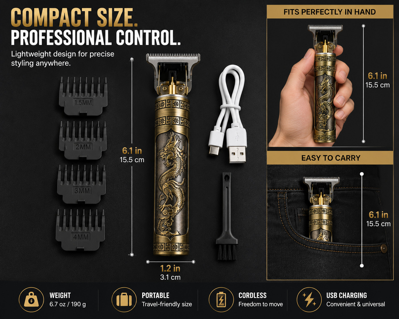 Vintage T9 Dragon Hair Trimmer Cordless T-Blade Beard Clipper USB Rechargeable