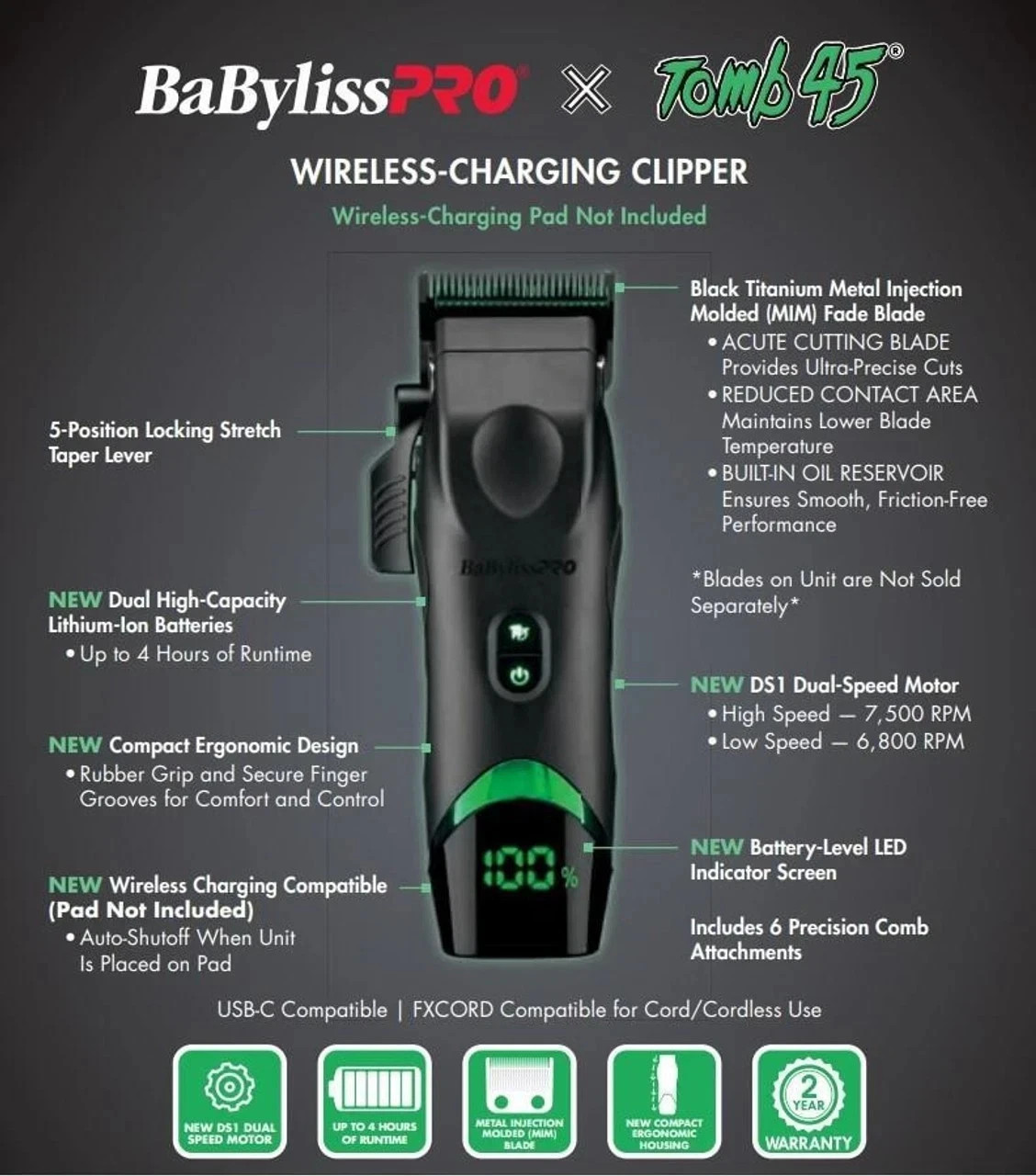 Babyliss Pro X Tomb45 Black Green Wireless Charging Clipper Trimmer +2 Pads