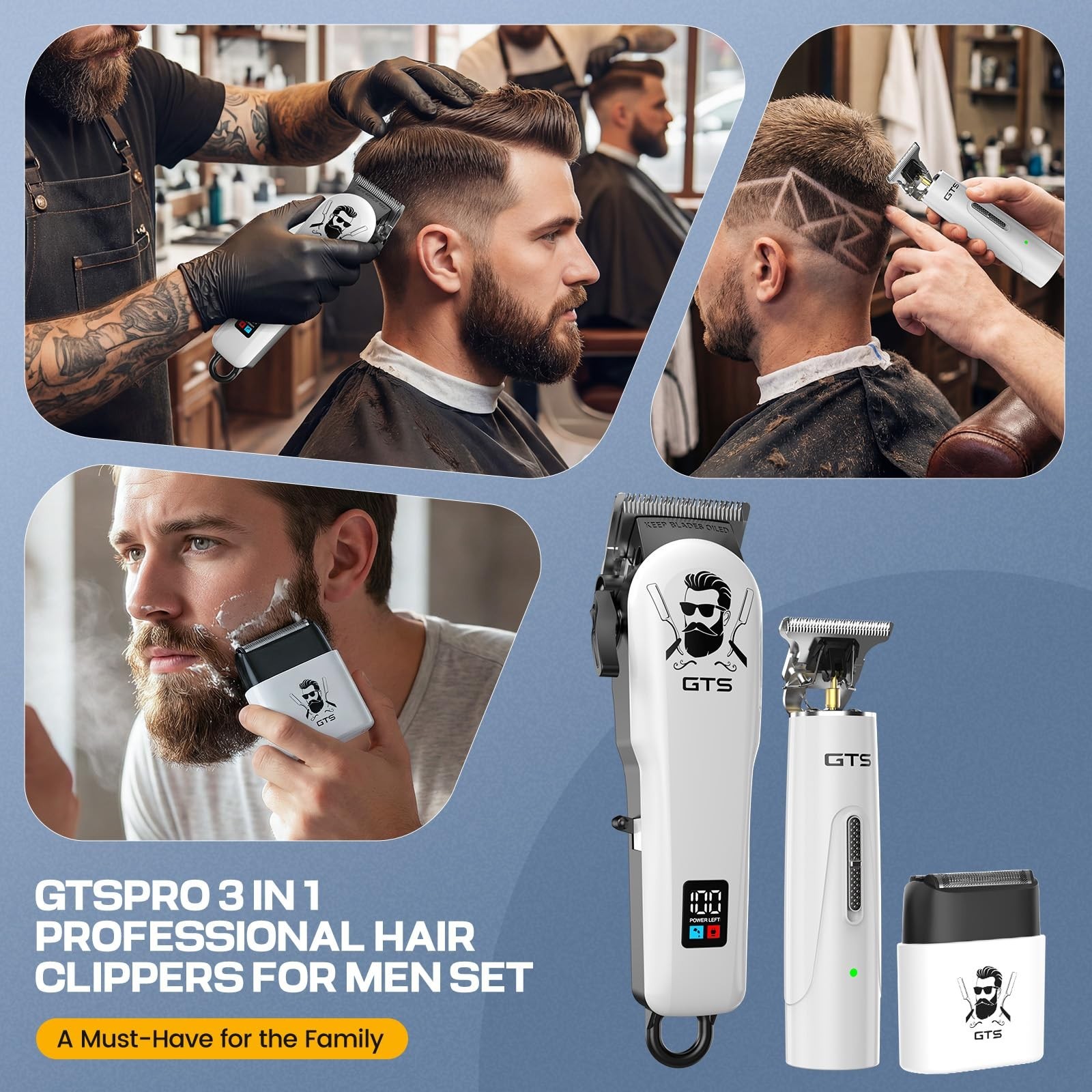 Professional Cordless Hair Clippers & Beard Trimmer Set, Rechargeable, LED Displ