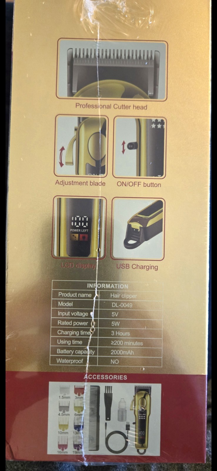 DALING DL-0049 Cordless Hair Clipper Gold/Black USB Rechargeable LCD Display