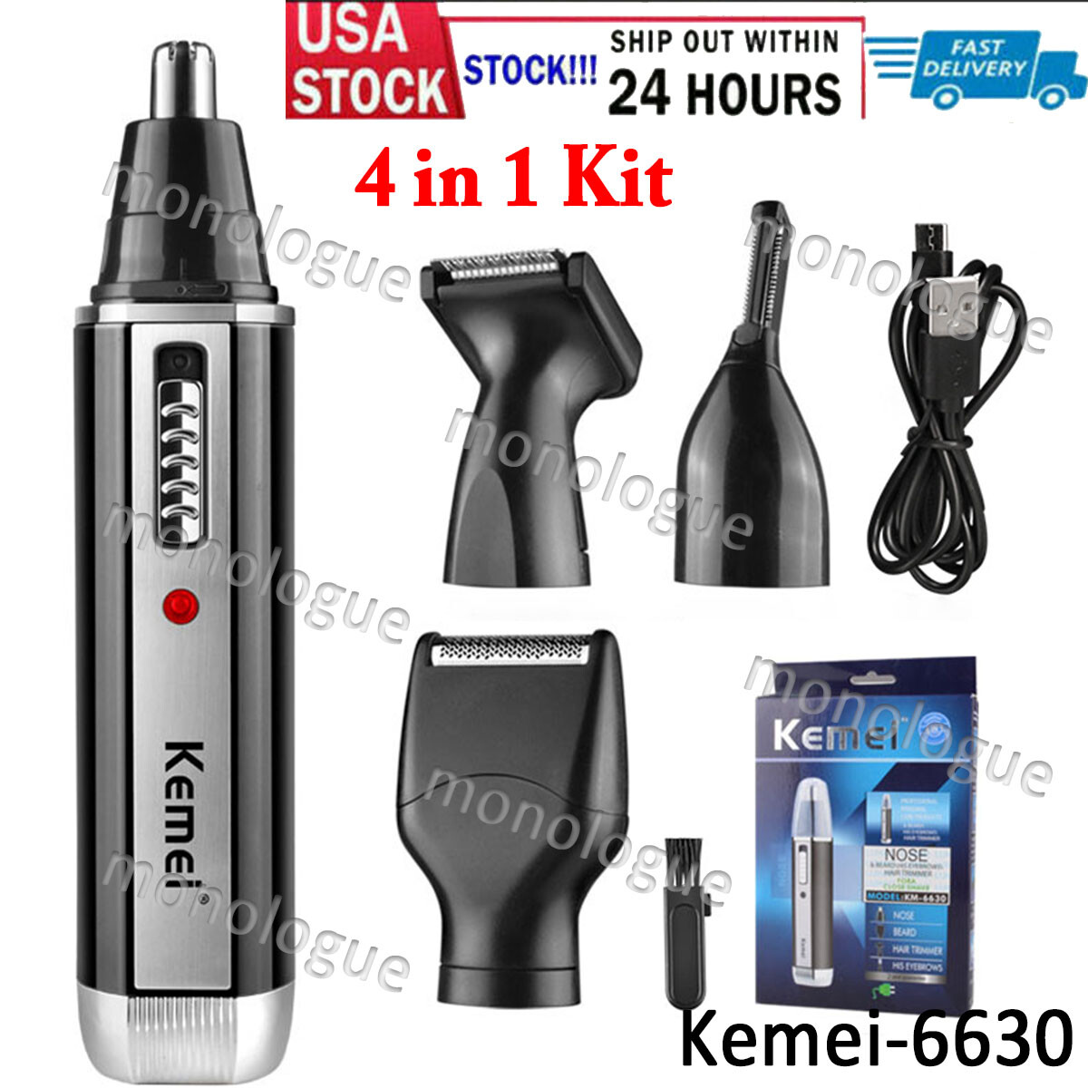 4 in1 Kemei Trimmer Rechargeable Ear Face Eyebrow Nose Hair Beard Shaver Clipper