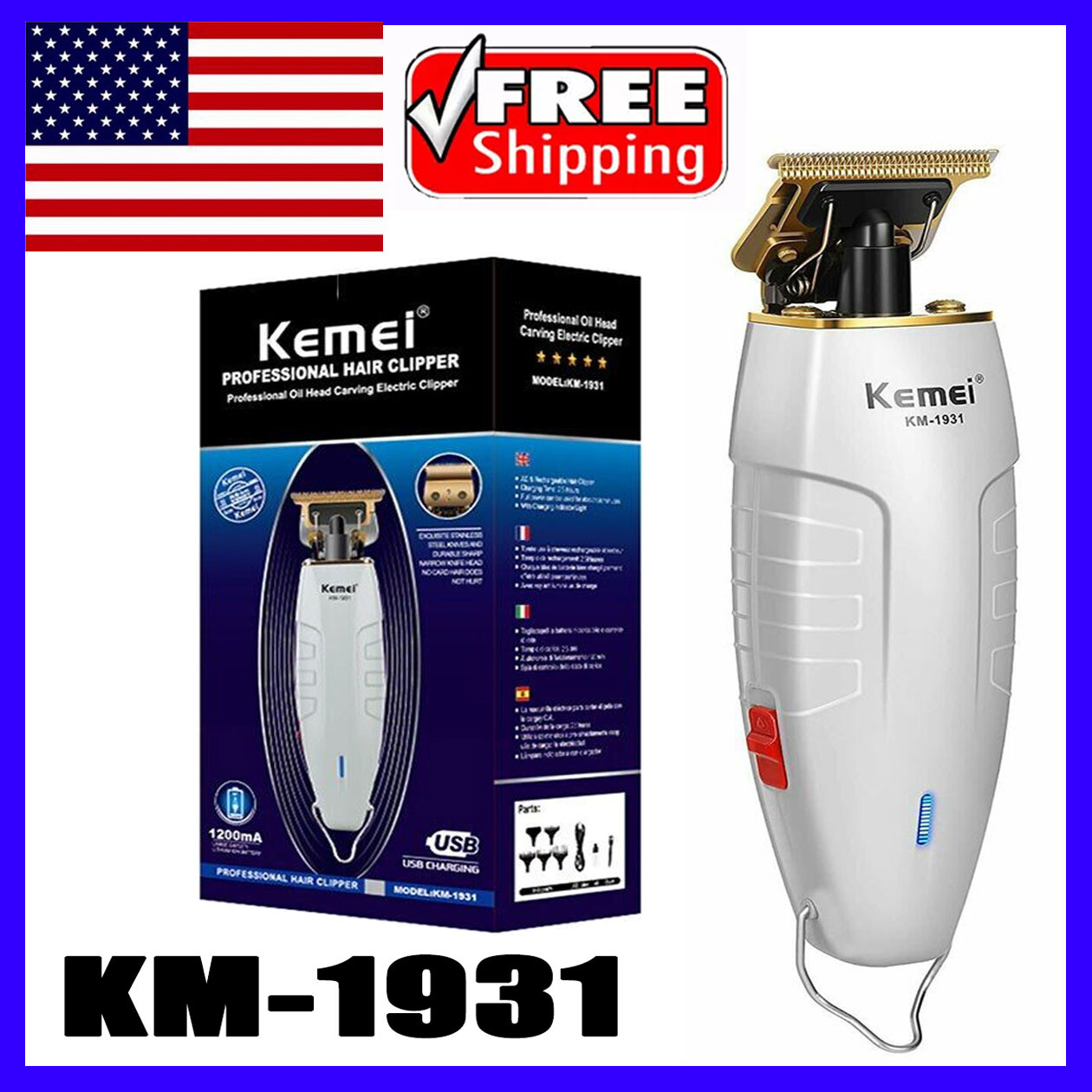 Kemei Hair Trimmer Baldheaded Hair Beard Clipper Cordless Grooming Kits KM-1931