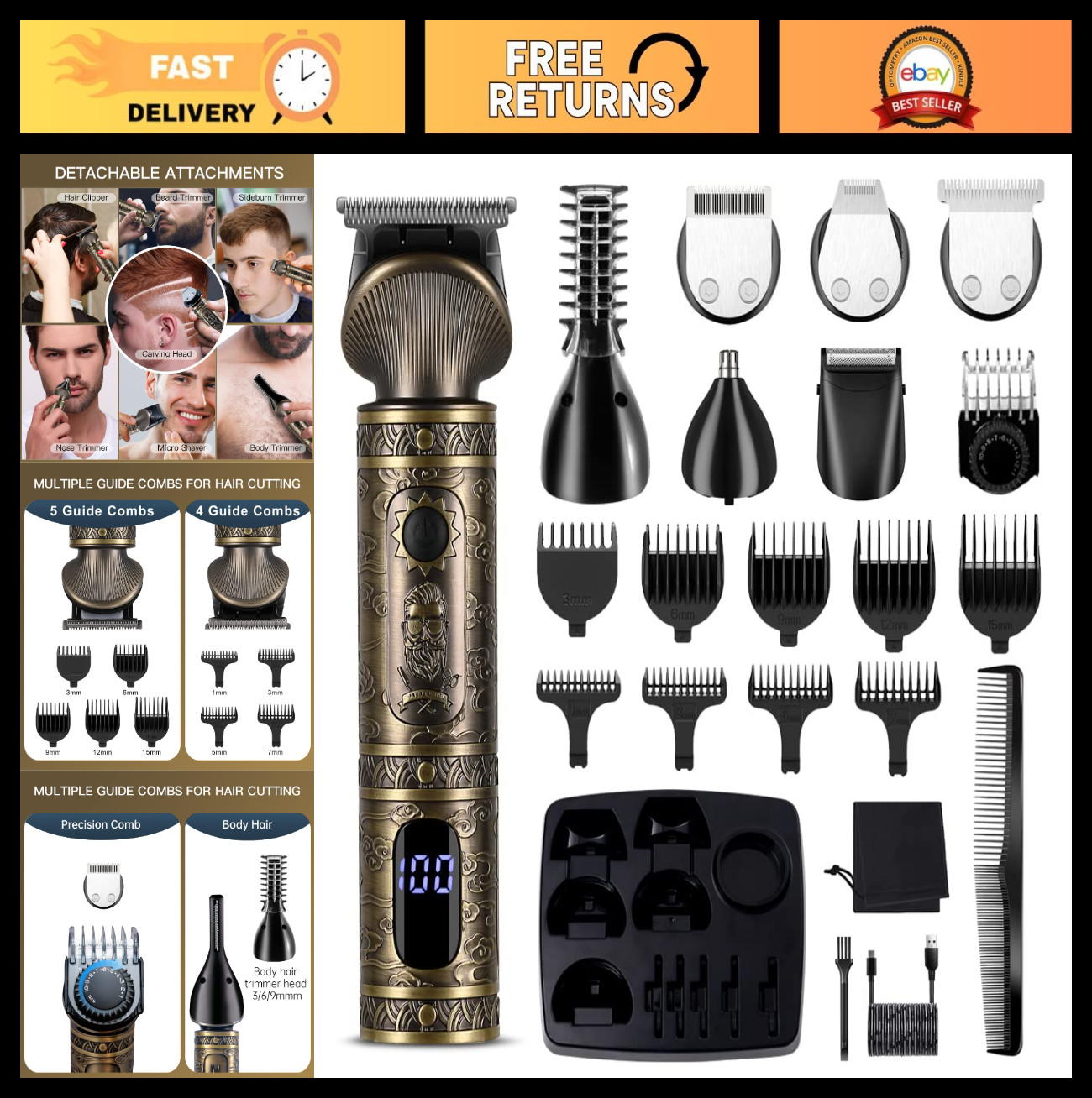 7-in-1 Beard Trimmer Kit, Cordless Hair Clipper, T-Blade Electric Shaver & Groom