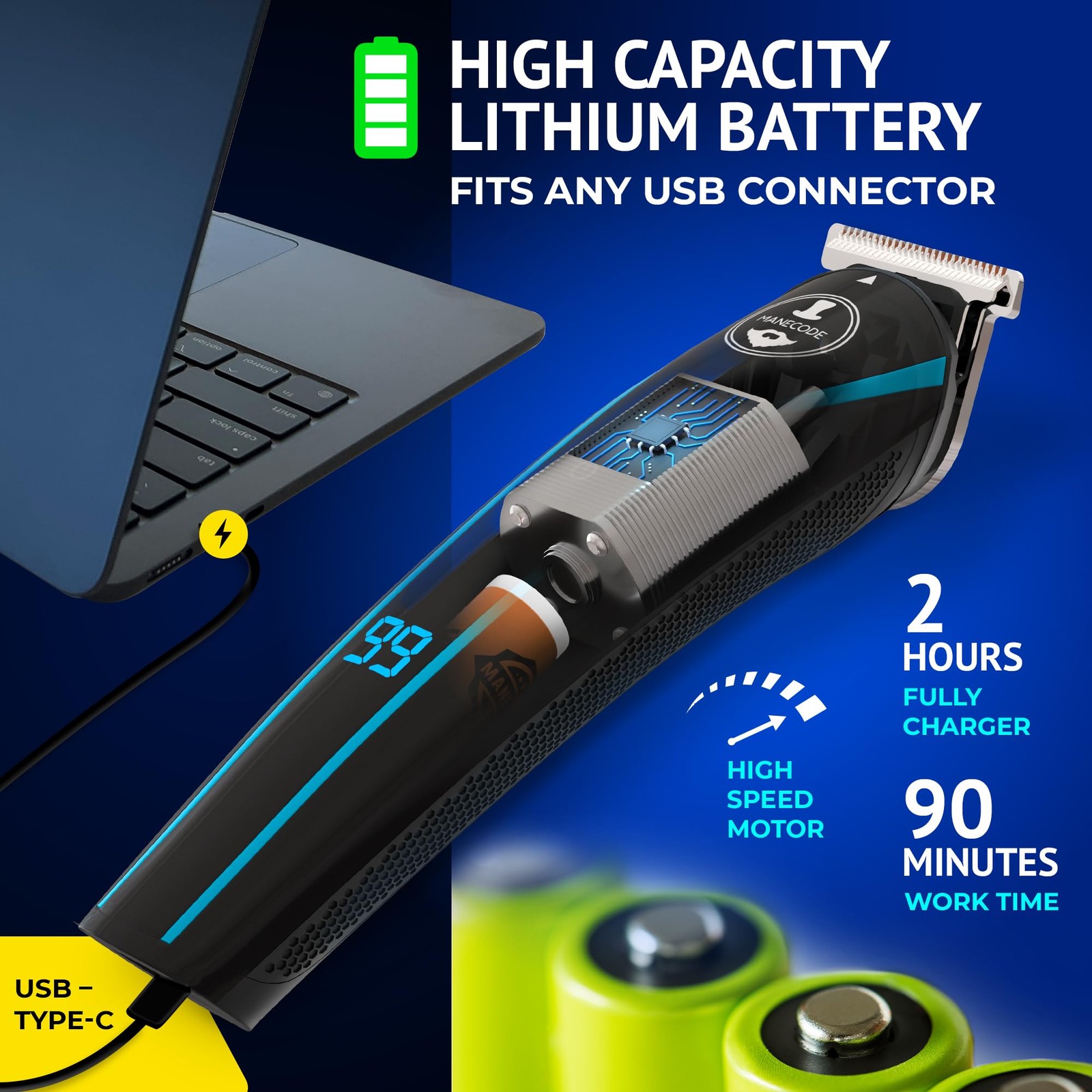 MANECODE® Beard & Hair Trimmer for Men – Self-Sharp Blades® USB-C, Waterproof…