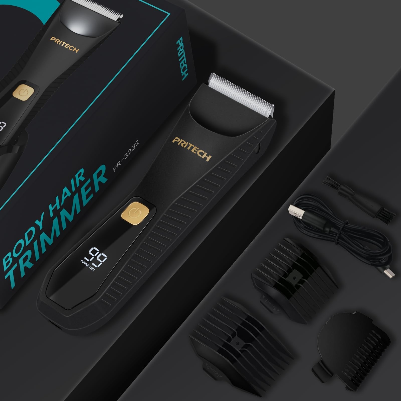 Waterproof Body Hair Trimmer for Men – Ceramic Blade Electric Razor, USB-C, Wet/