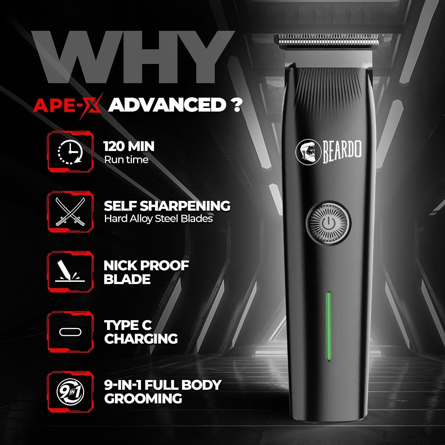 Beardo Ape-X Advanced 9-in-1 Full Body Trimmer for Men,BDTO061,Black
