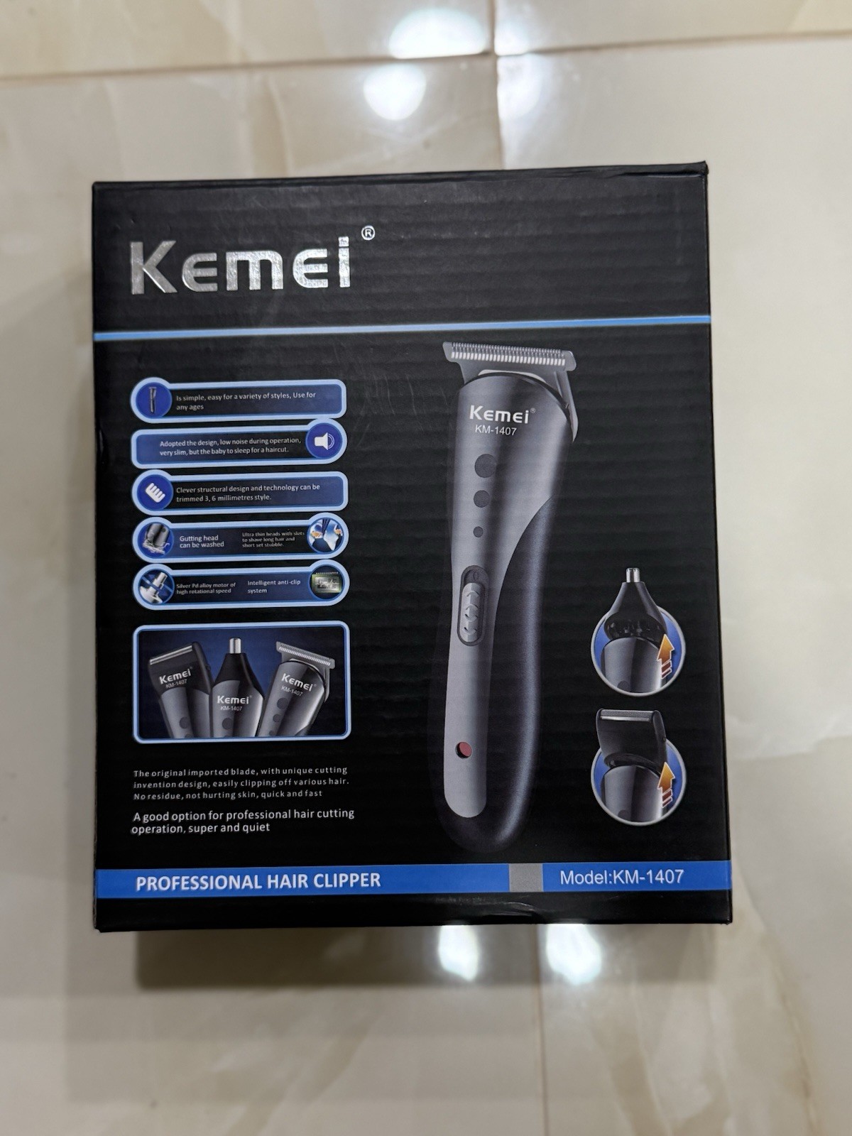 Kemei KM-1407 professional 3-in-1 hair clipper and beard trimmer kit, featuring