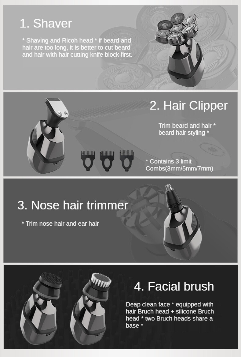 5 IN 1 7D Rotary Electric Shaver Rechargeable Bald Head Shaver Beard Trimmer Men