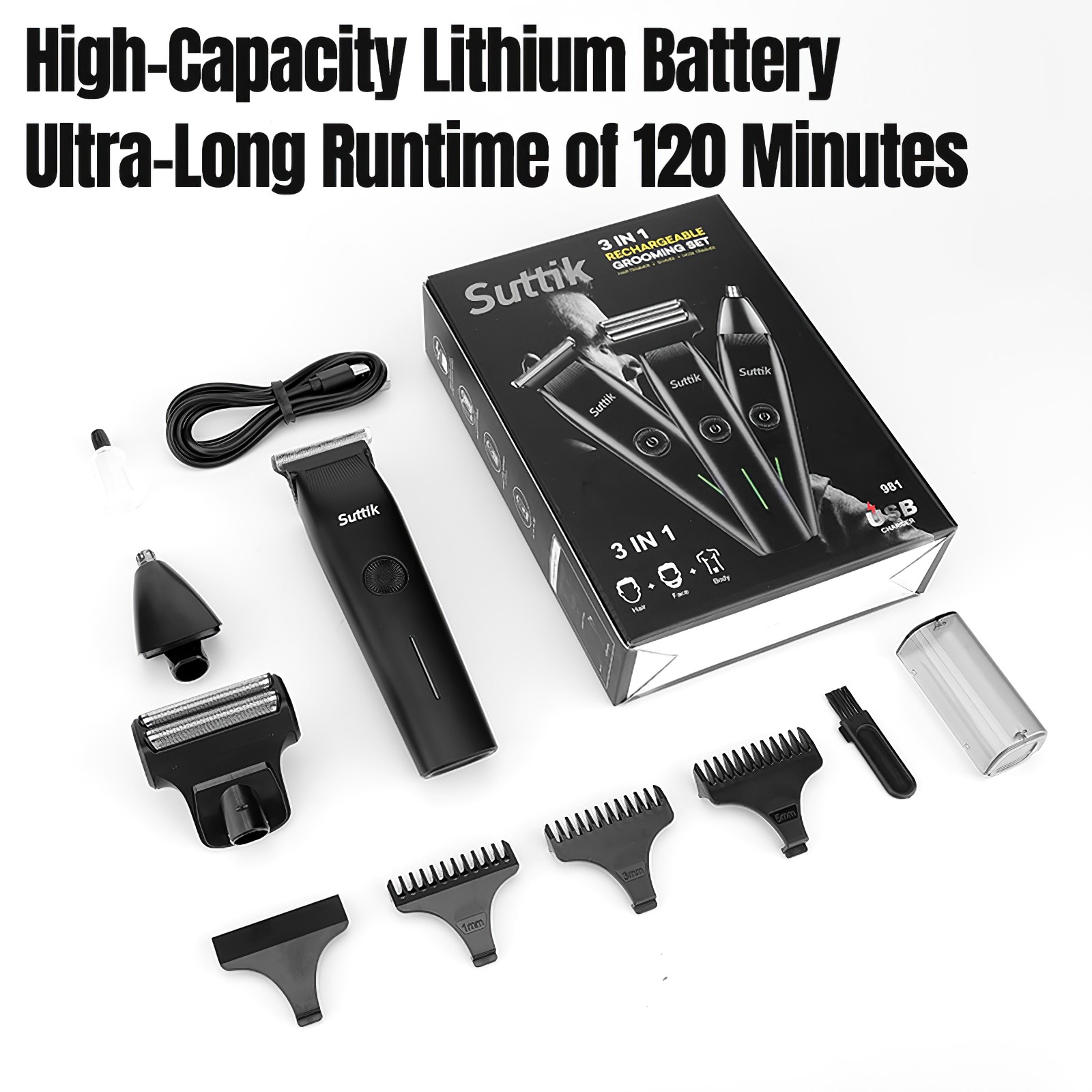3‑In‑1 Mens Grooming Kit Beard Nose Ear Hair Trimmer Black