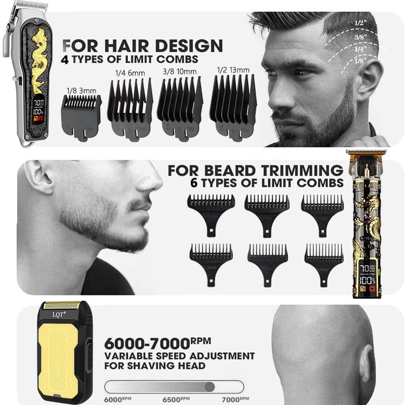LQT HAIR CLIPPERS 3-PIECE MEN’S PROFESSIONAL CORDLESS HAIRCUTTING – GOLD/BLACK