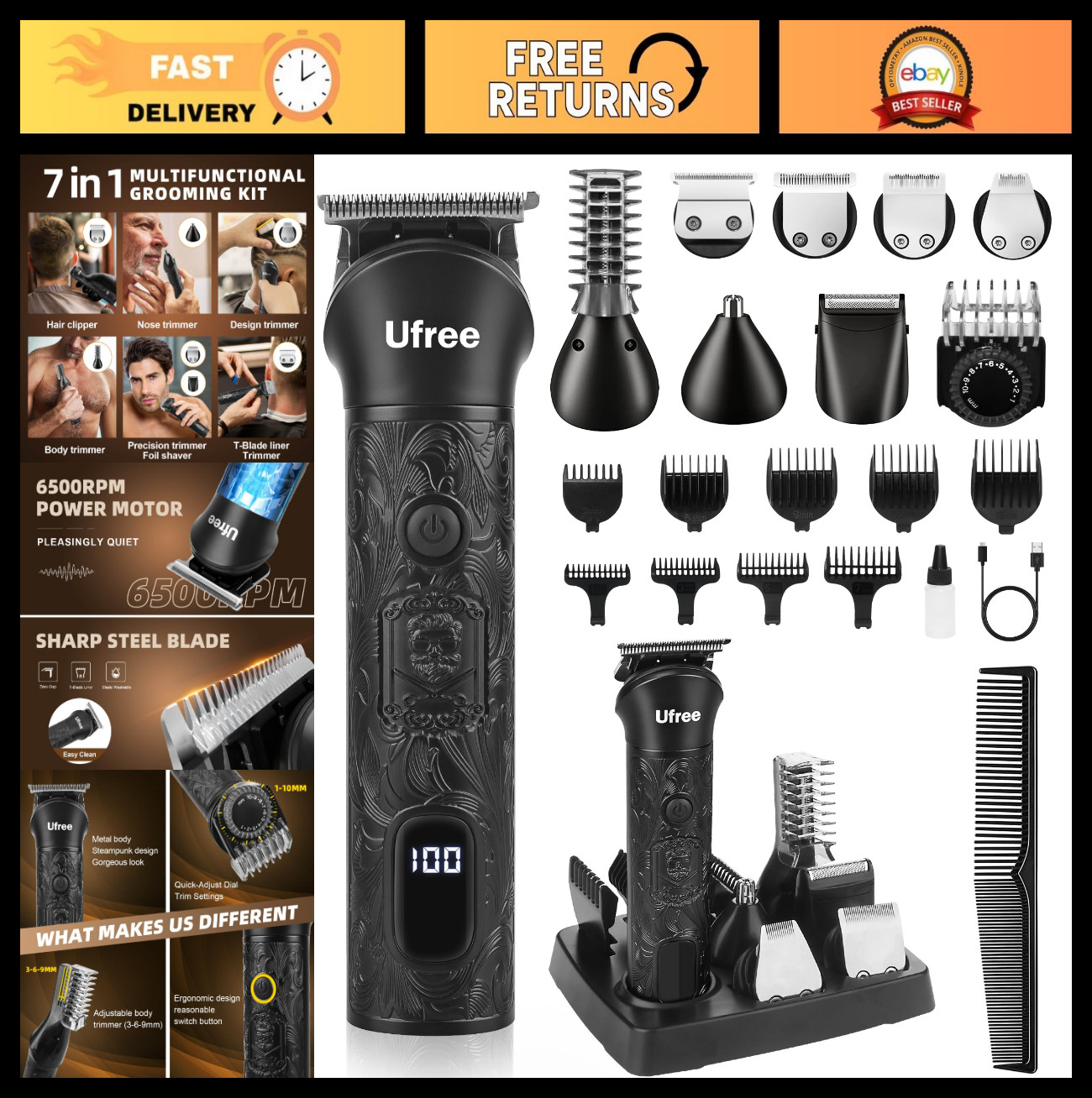7-in-1 Beard Trimmer & Grooming Kit for Men, Electric Razor, Adjustable Comb, LE