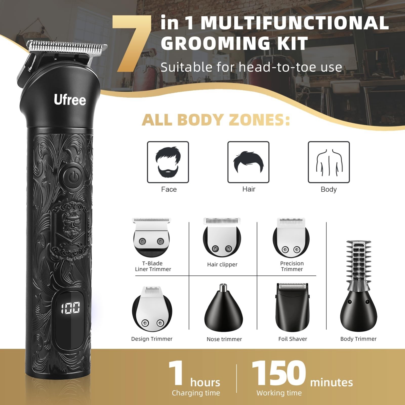 7-in-1 Beard Trimmer Grooming Kit for Men, Electric Razor with LED Display, Adju