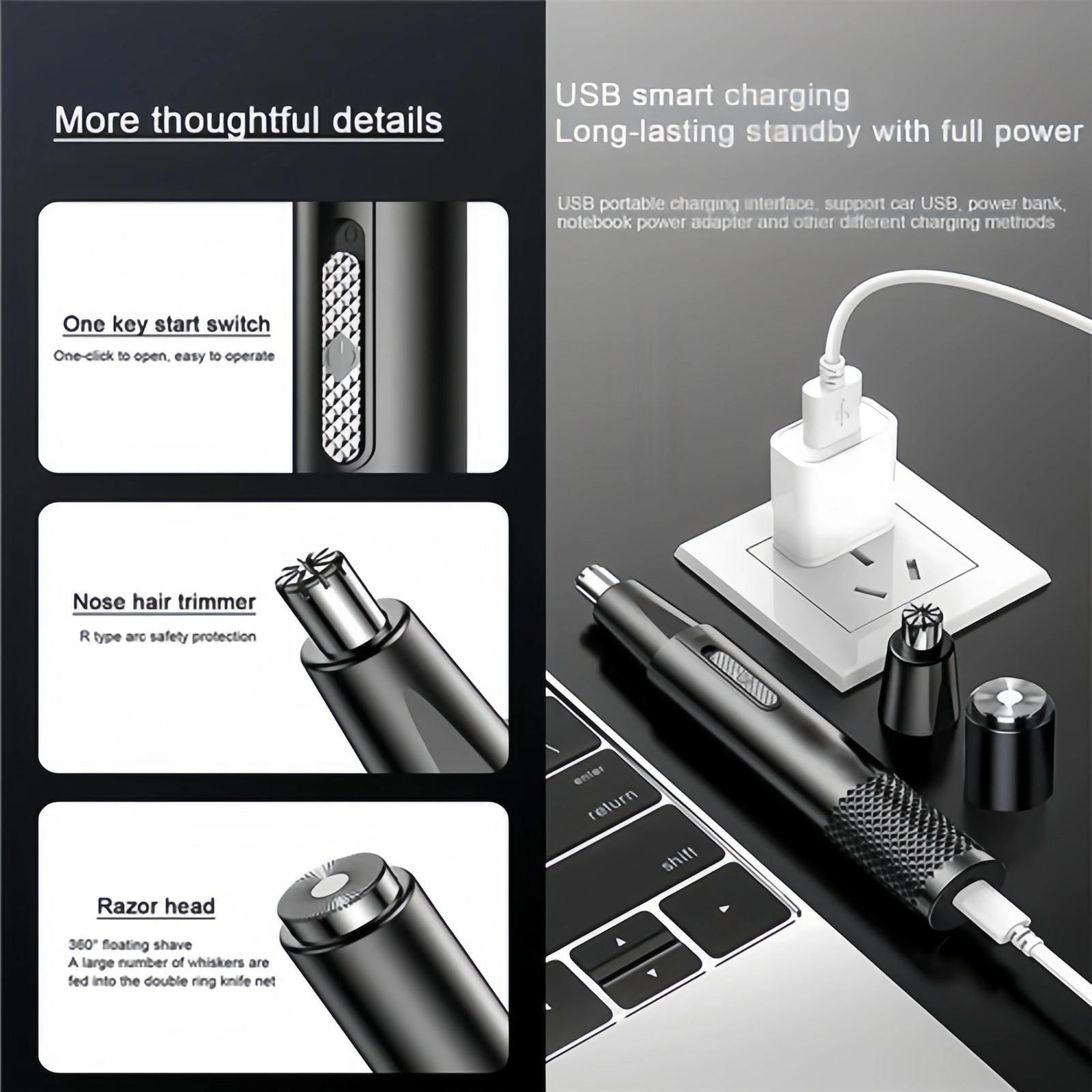 USB Rechargeable Nose & Ear Hair Trimmer-Precision Electric Hair Removal Clipper