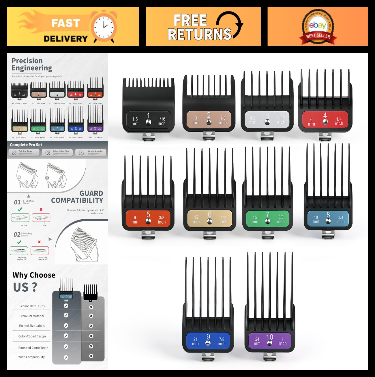 10-Piece Hair Clipper Guide Combs Set with Colored Clips, 1.5mm-25mm, Premium At