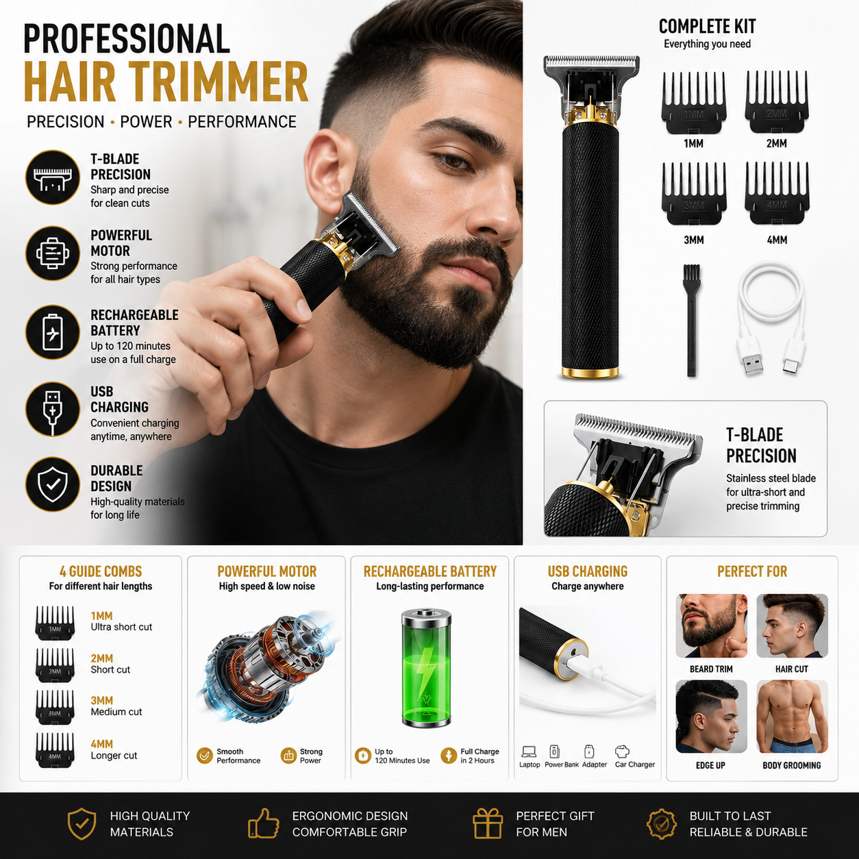 Vintage T9 Barbeador Black Gold Beard Hair Trimmer Cutter Machine for Men