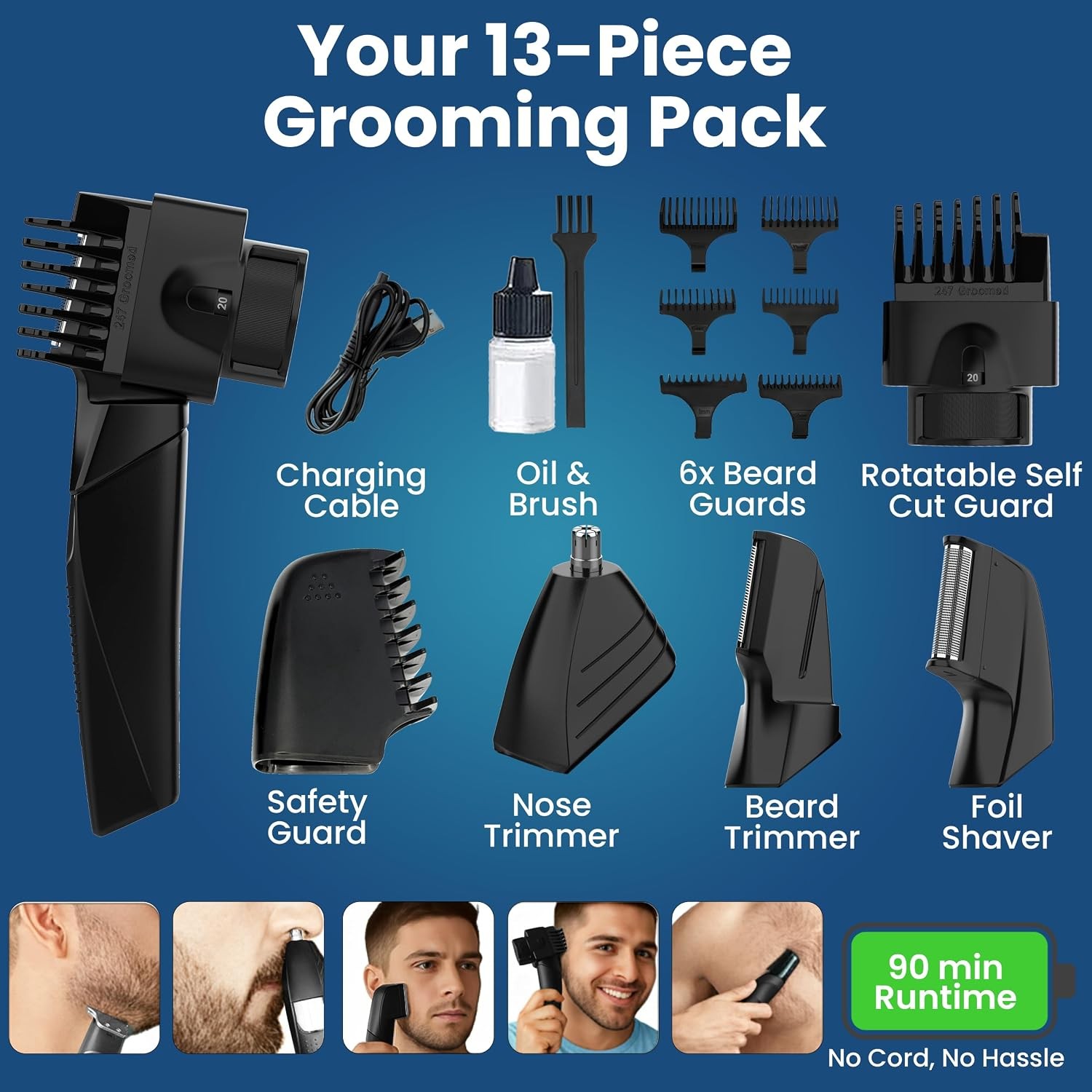 247 Groomed Self Haircut Kit for Men: Beard, Nose, Body Trimmer & Shaver