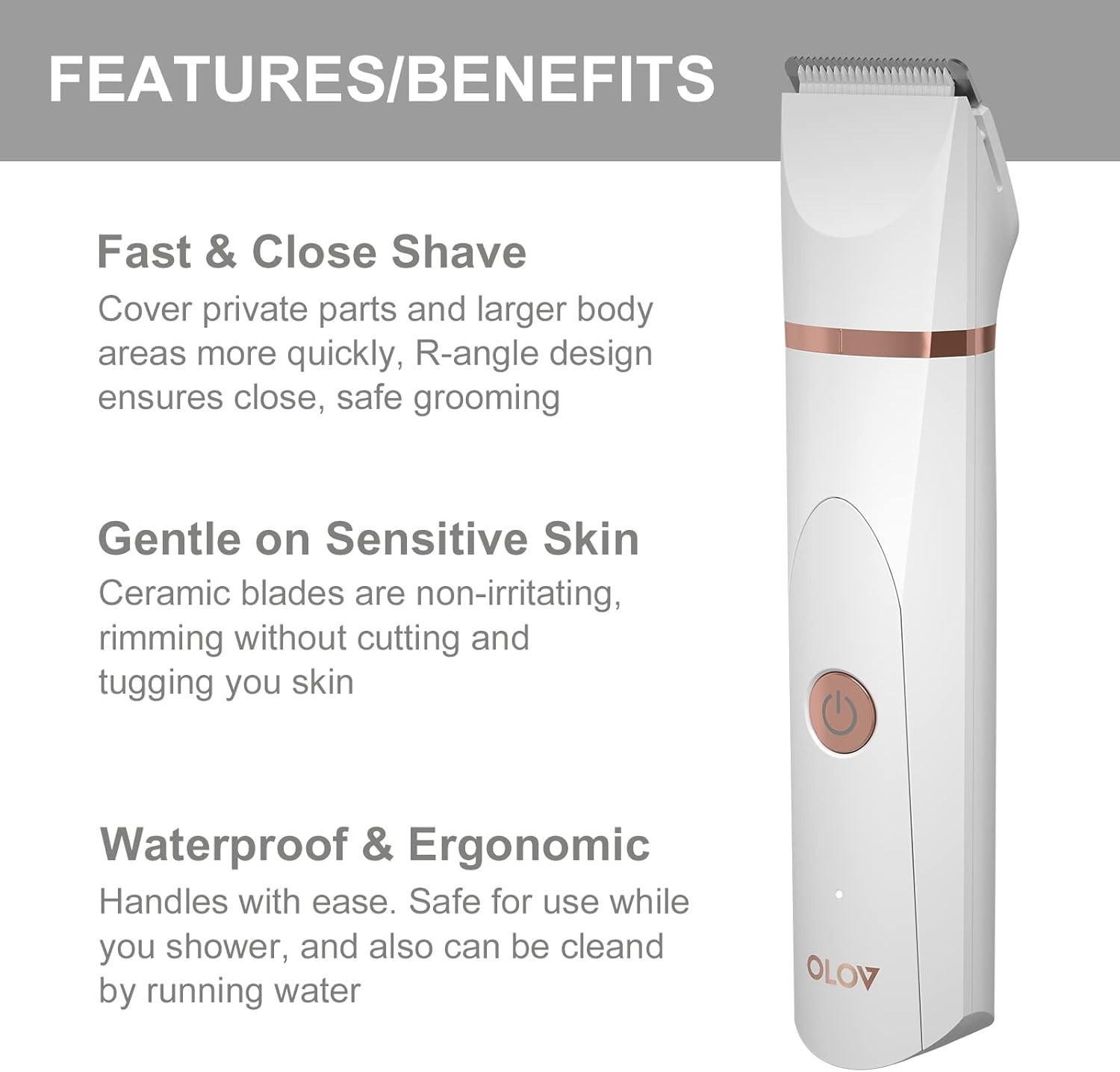 Electric Body Hair Trimmer, Waterproof Groomer with Ceramic Blades – White
