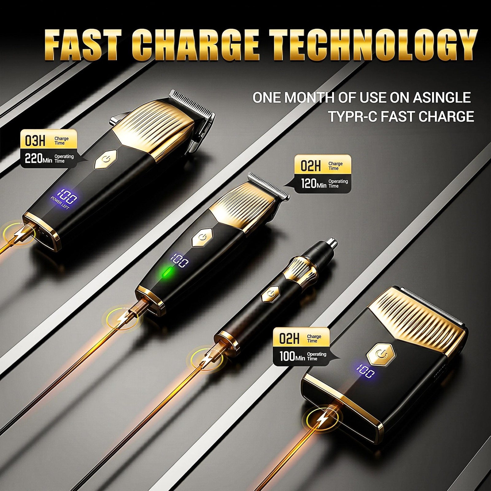 Rechargeable Hair Clipper Beard Trimmer 4-in-1 Shaver Set Gold