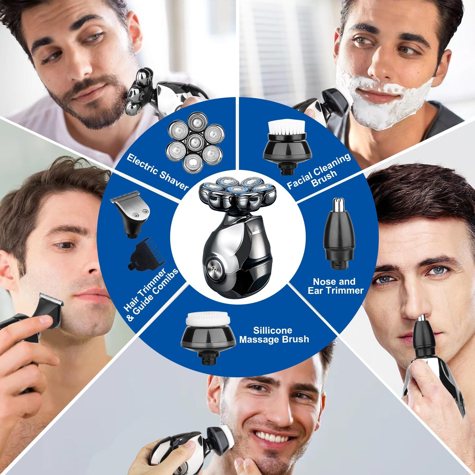 7D Cordless Shaver Hair Trimmer Men’s 5-in-1 Electric Head Shaver Razor Men Wet