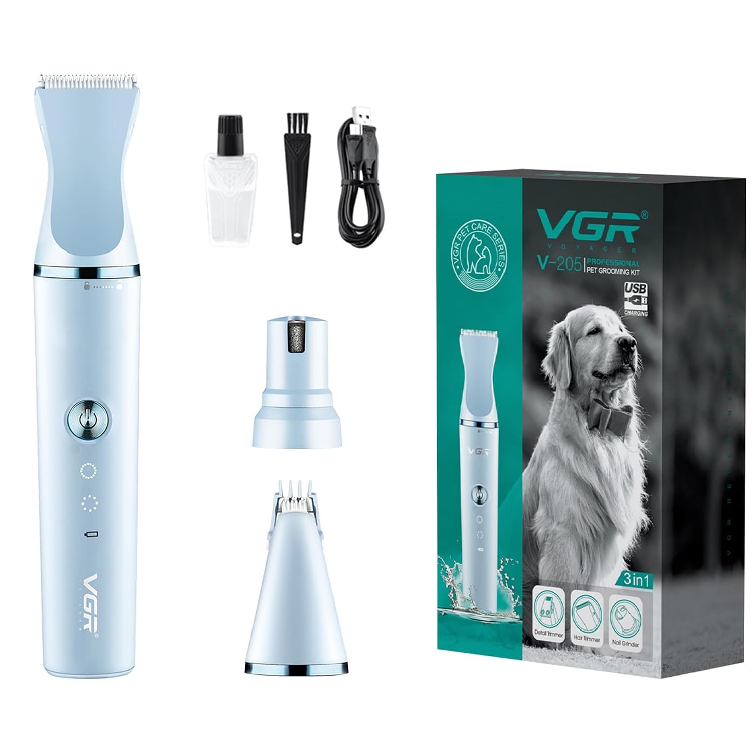 VGR V-205 3-in-1 Waterproof Pet Grooming Kit 120-Min Runtime Blue Edition