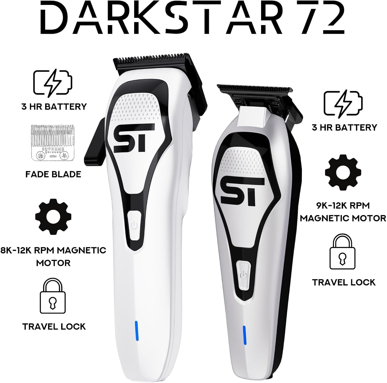 Supreme Trimmer Darkstar72 Clipper & Trimmer Set w Magnetic Vector Motor | White