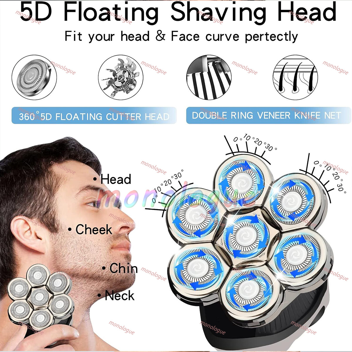 7D 5-in-1 Shaver Cordless Hair Trimmer Bald Head Razor Electric For Men Wet Dry