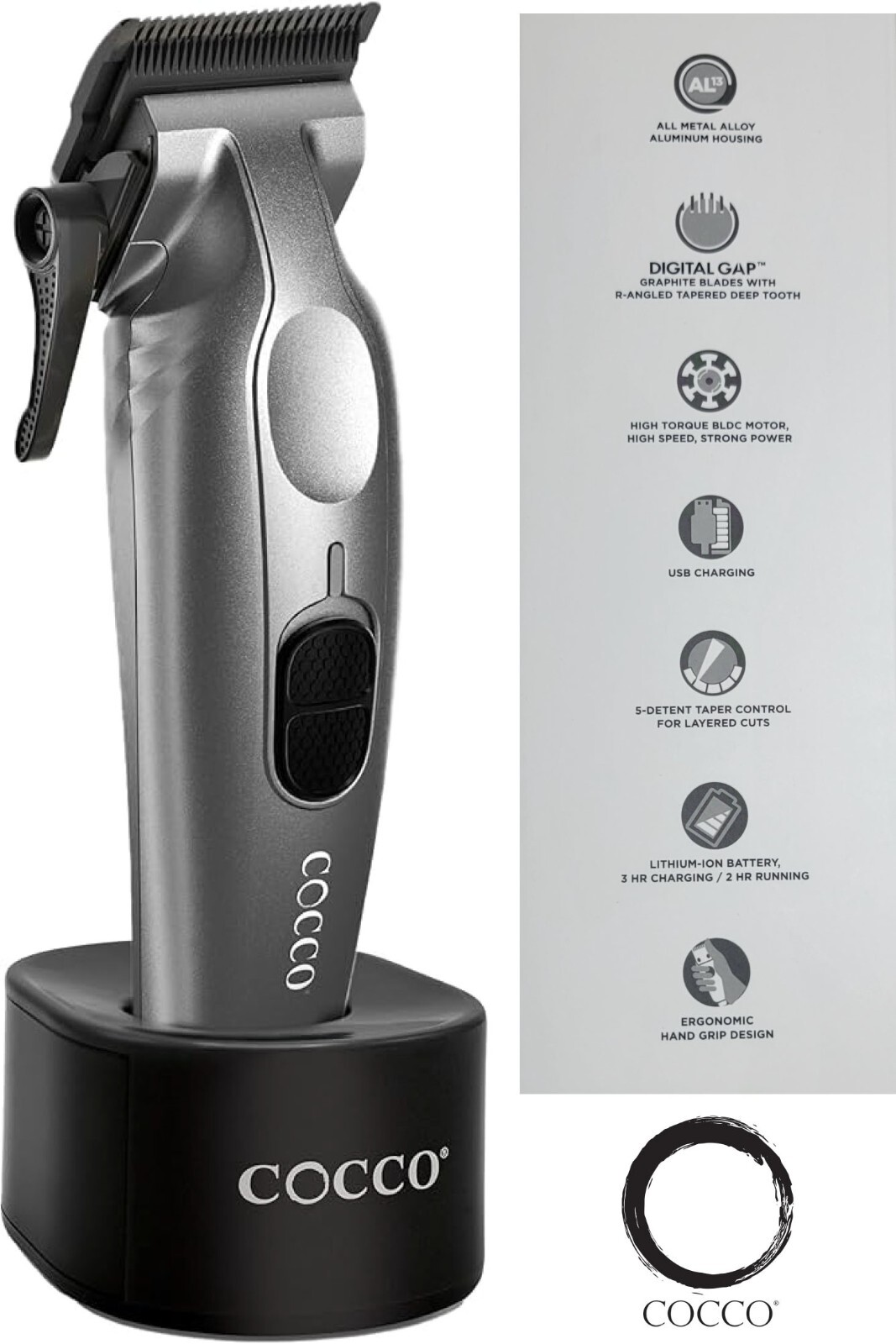 COCCO Veloce Pro MATTE GREY Clipper, Brushless Motor, Digital GAP GREPHENE Blade