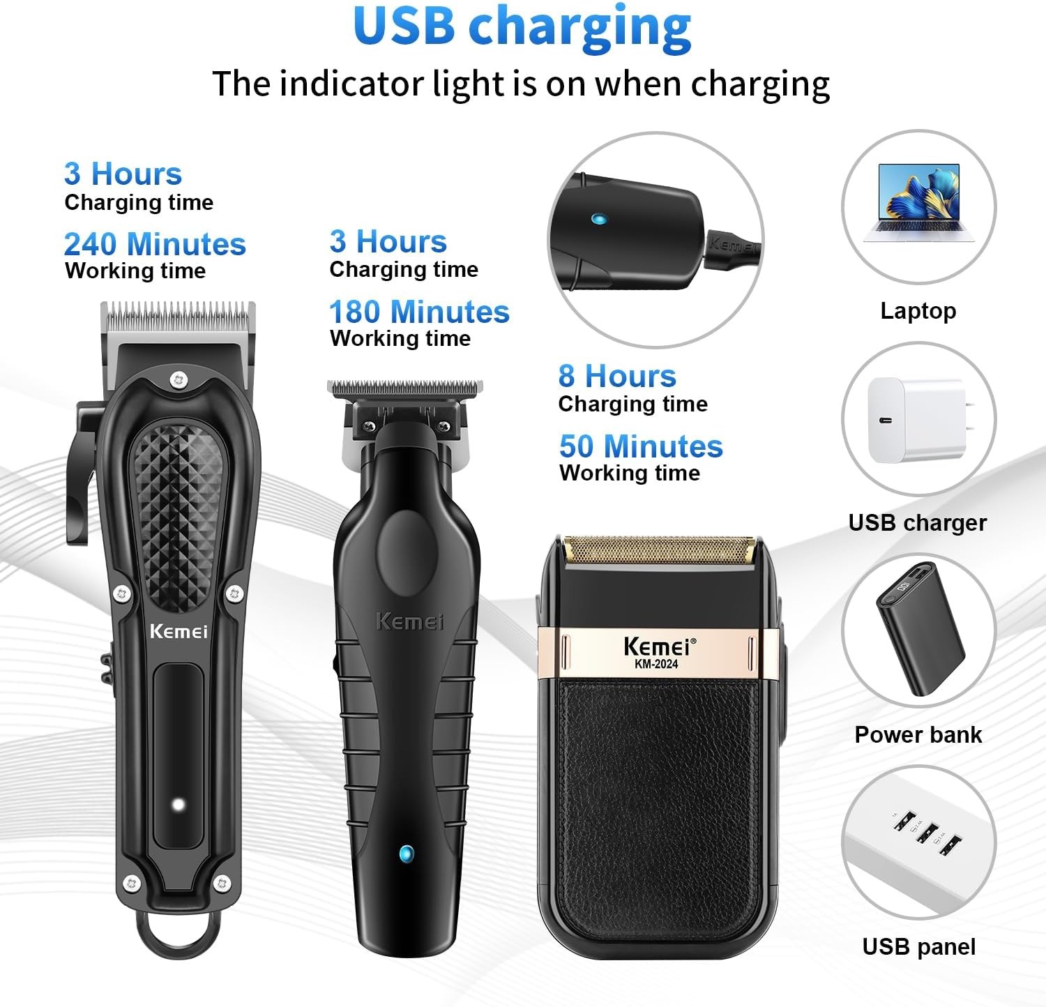 KEMEI Professional Hair Clippers for Men, Cordless Barber Trimmer Rechargeable