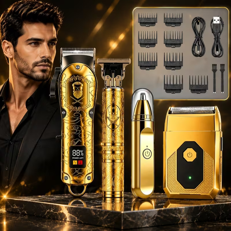 4in1 Professional Gold Barber Hair Clipper T-Blade Trimmer Foil Shaver Nose Kit