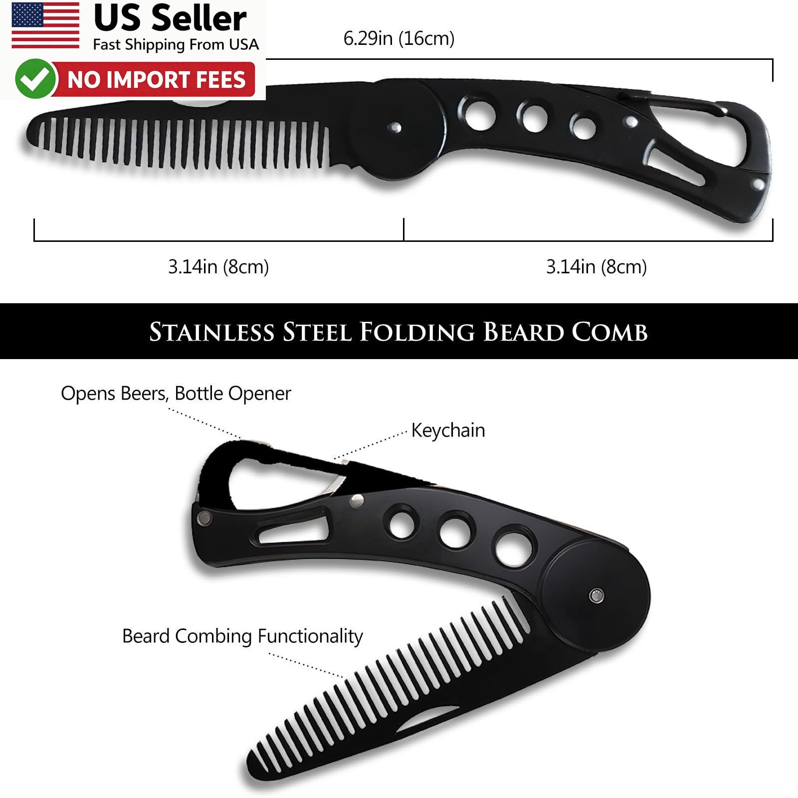 Stainless Steel Folding Beard Comb Portable Anti Static w Leather Case FROM USA