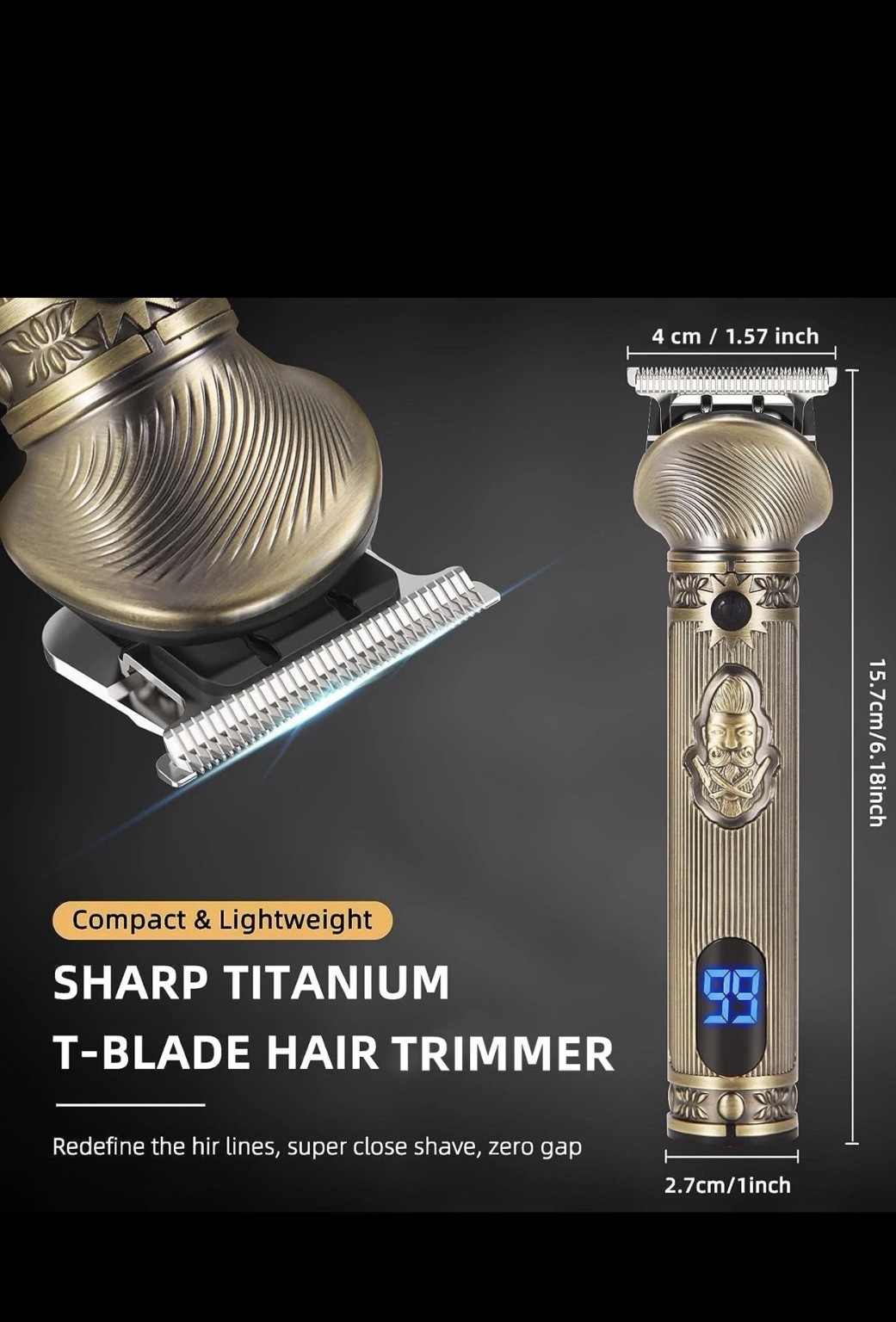 Titanium T-Blade Cordless Trimmer Gold/ Black LED Display Beard Hair Nose 99