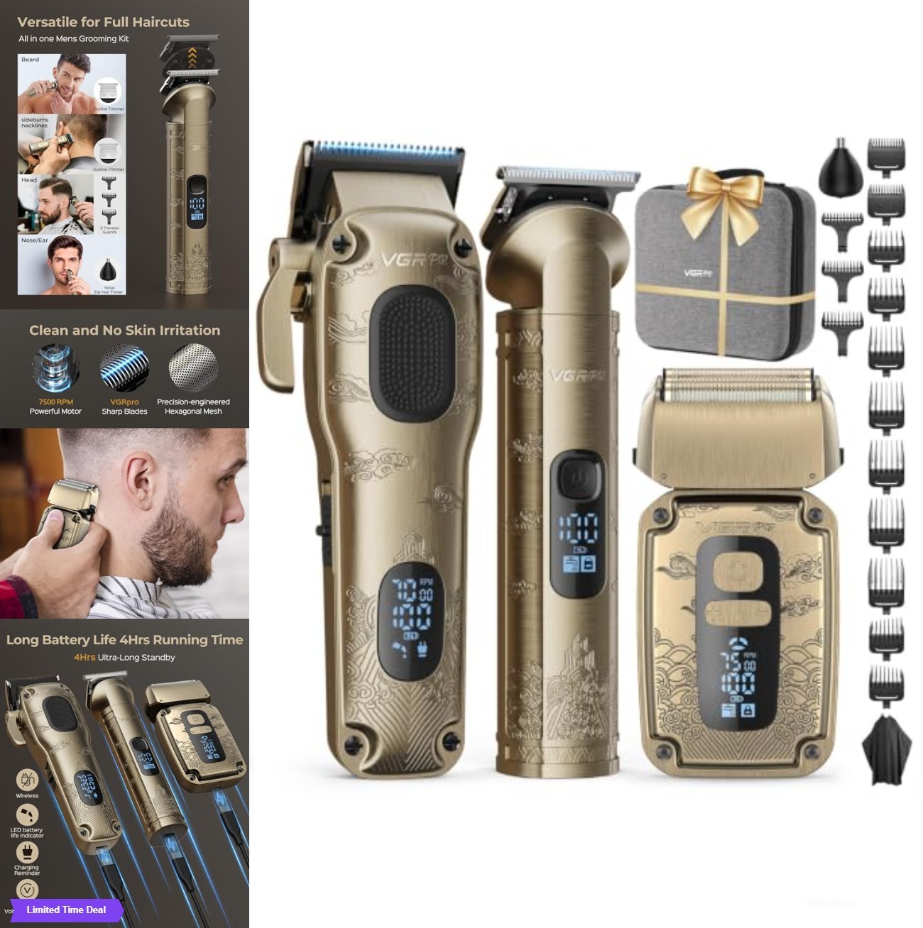 Men’s Hair Clipper Beard Trimmer Foil Shaver 3 in 1 Cordless Kit 14 Guide Combs