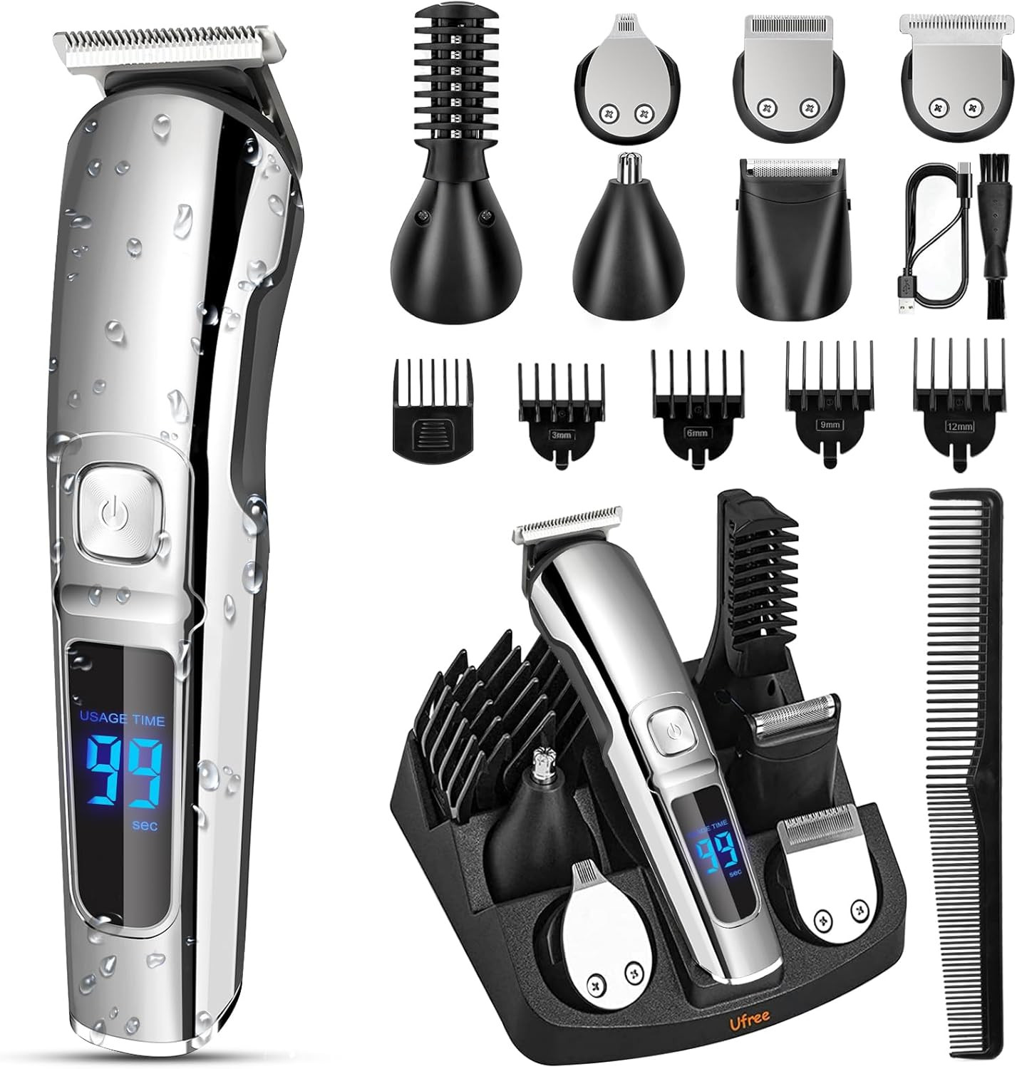 Beard Trimmer for Men, Waterproof Electric Razor, Grooming Kit | Stainless Steel