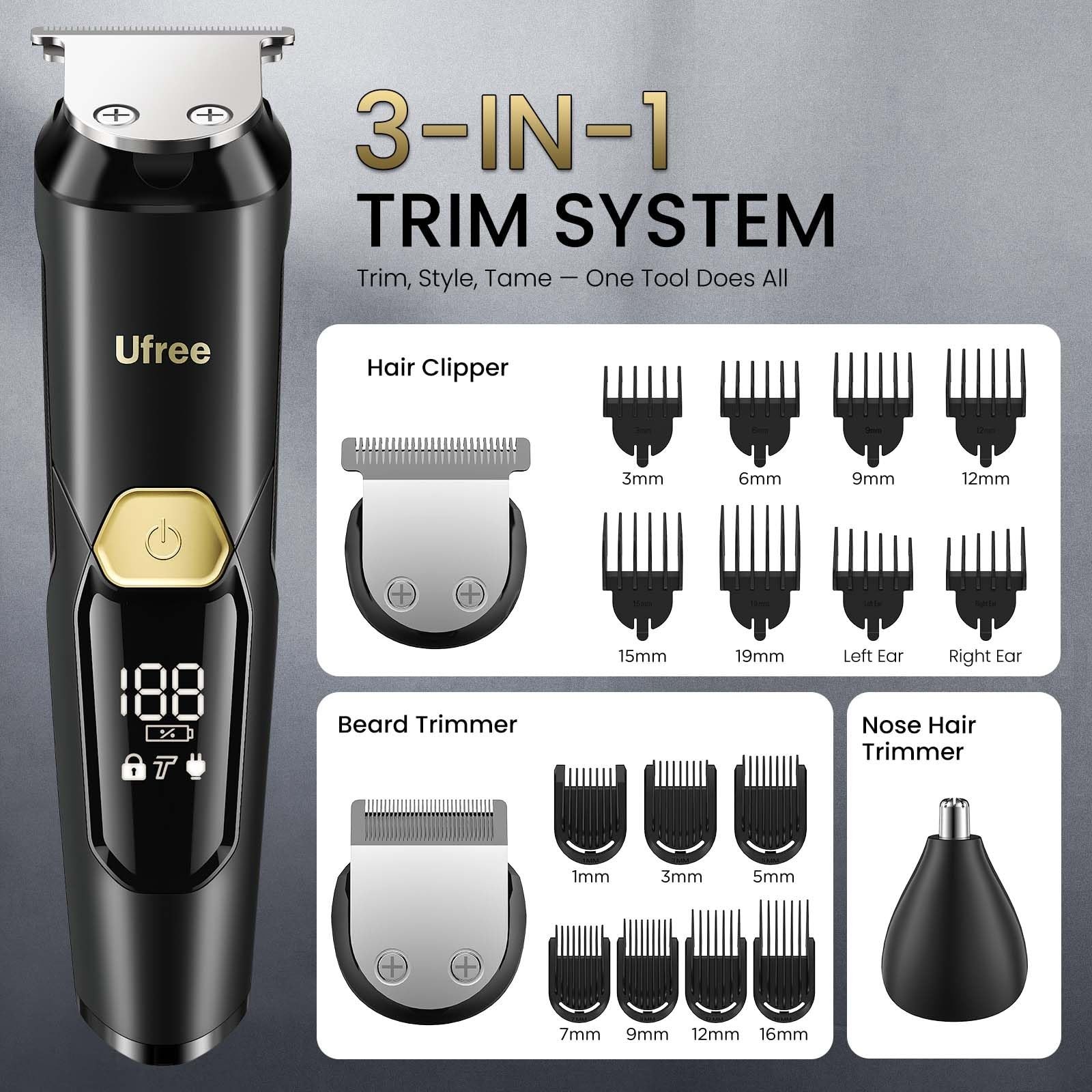 3-in-1 Waterproof Beard Trimmer for Men, USB-C Rechargeable, Stainless Steel Bla