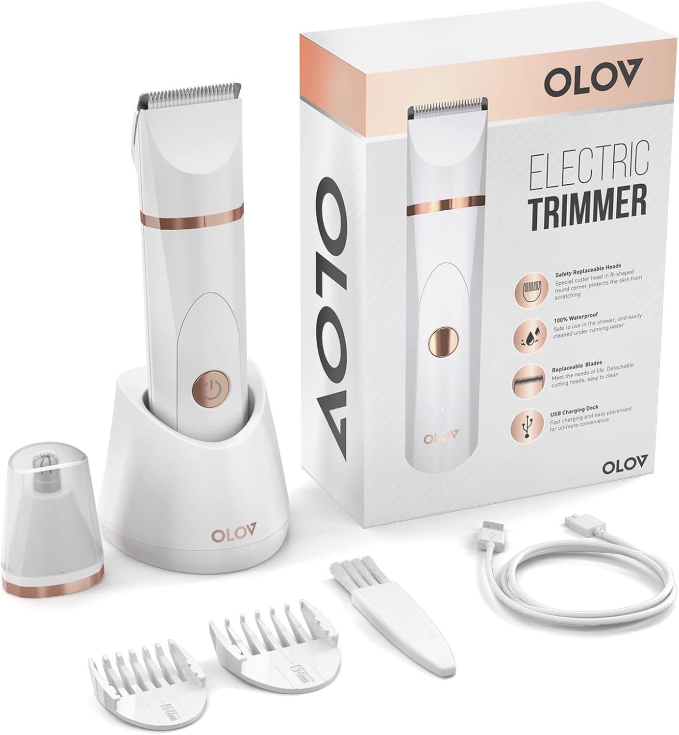 Electric Body Hair Trimmer, Waterproof Groomer with Ceramic Blades – White