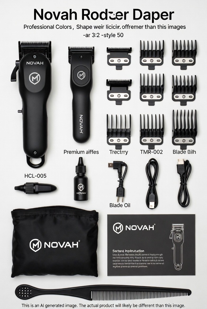 Novah Professional Hair Clipper Trimmer Set Cordless Matte Black Grooming Kit