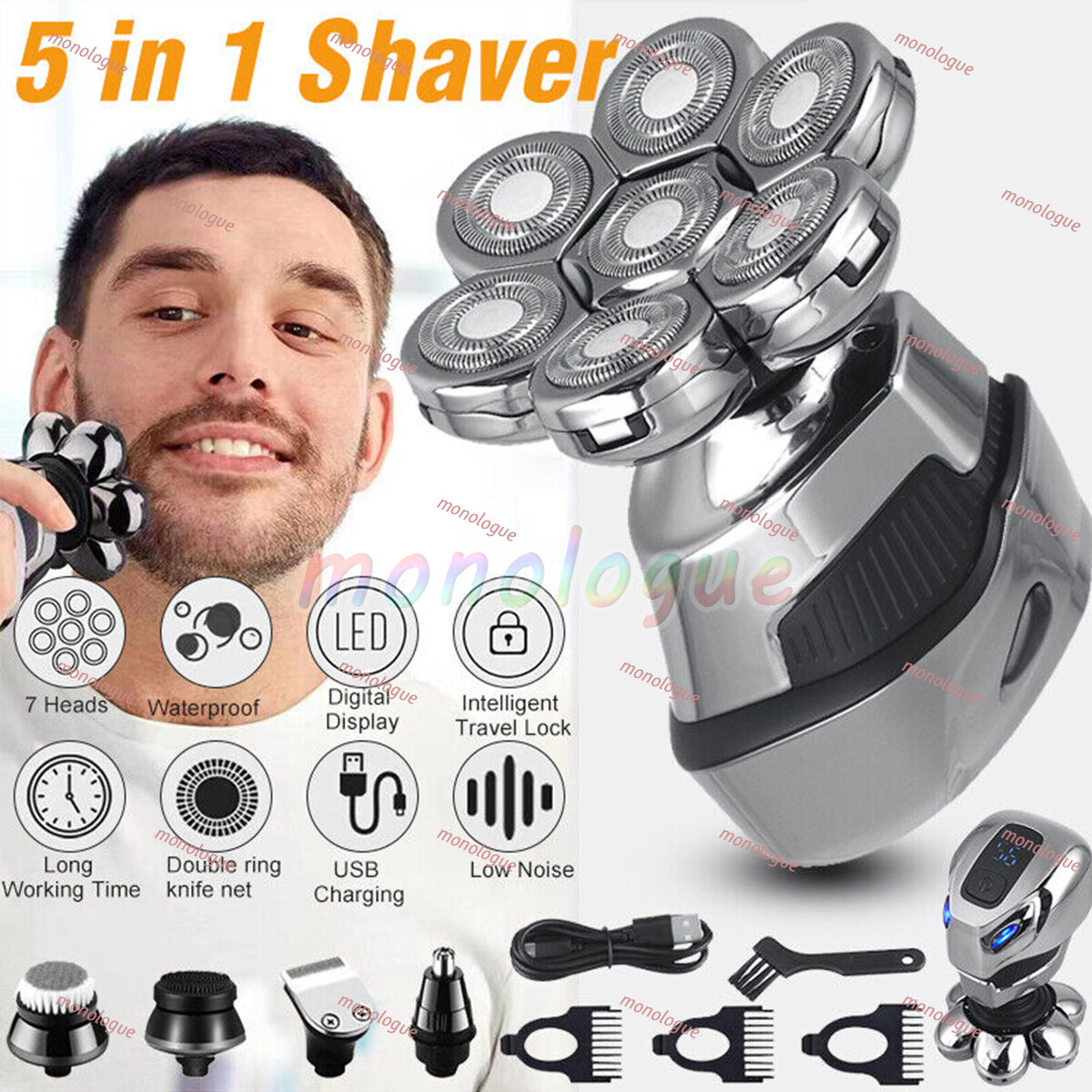 7D 5-in-1 Shaver Cordless Hair Trimmer Bald Head Razor Electric For Men Wet Dry