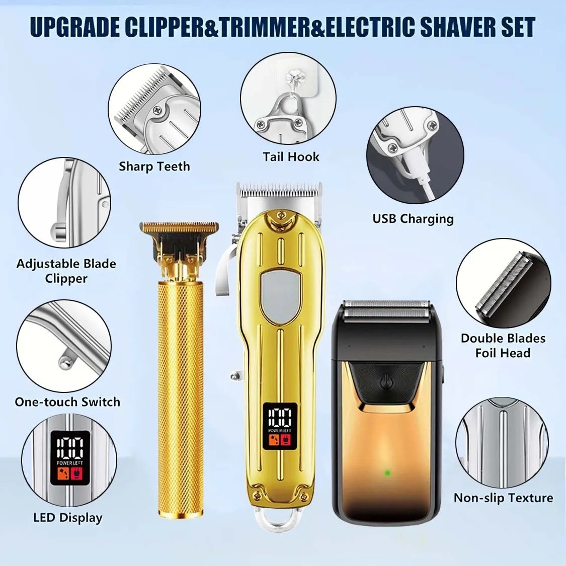 Professional Hair Clipper Trimmer Set Men’s Beard Barber Kit Rechargeable