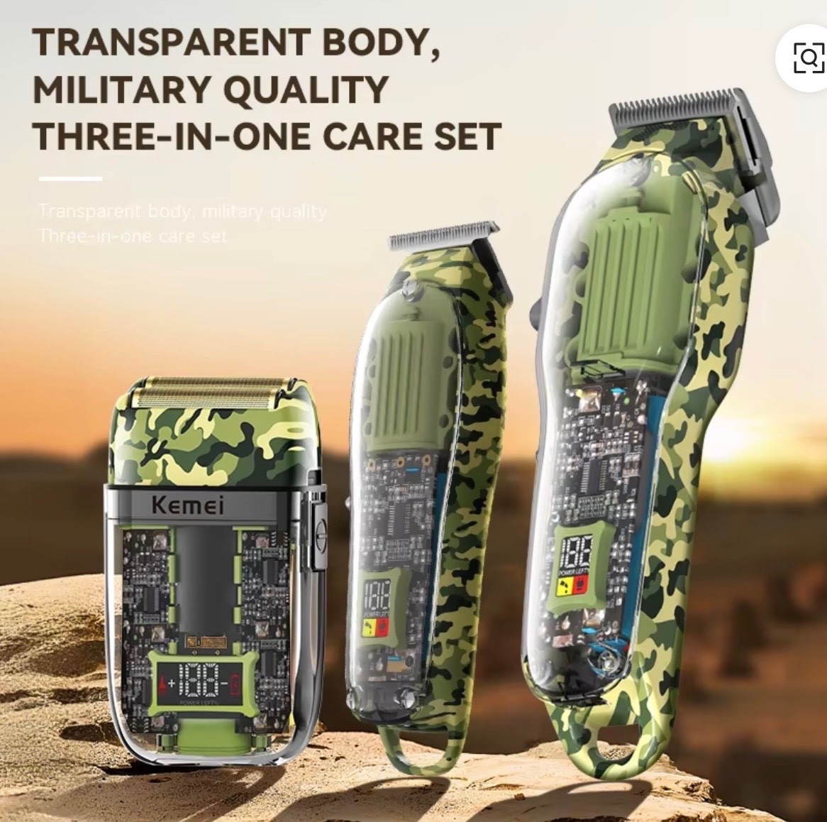 KEMEI professional hair clippers set for men, 17 in 1, transparent camo color