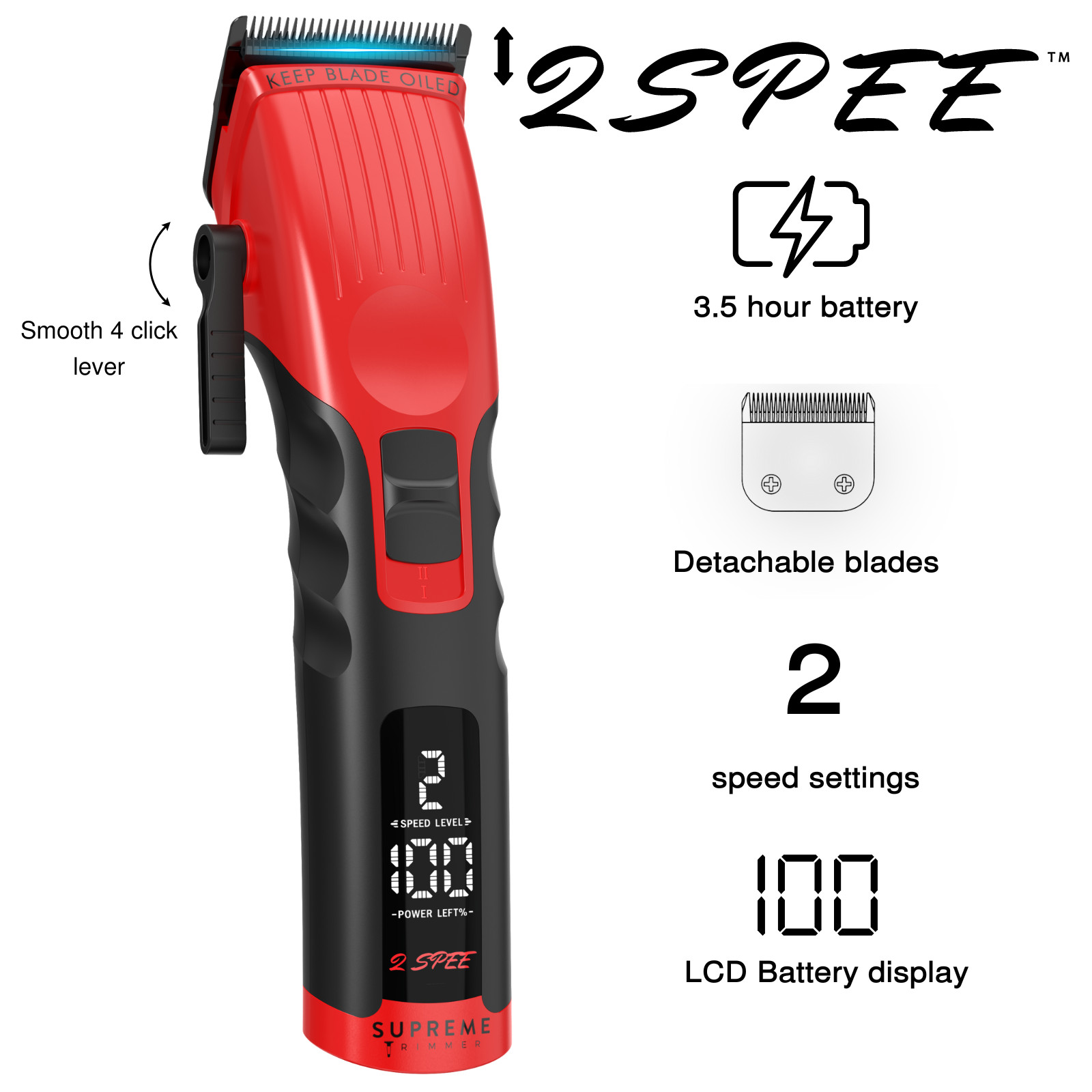 Supreme Trimmer 2Spee Hair Clipper 3.5 Hour Use Detachable Blade | STC922 Red