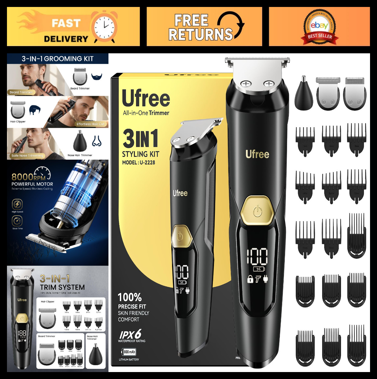 3-in-1 Waterproof Beard Trimmer for Men, USB-C Rechargeable, Stainless Steel Bla