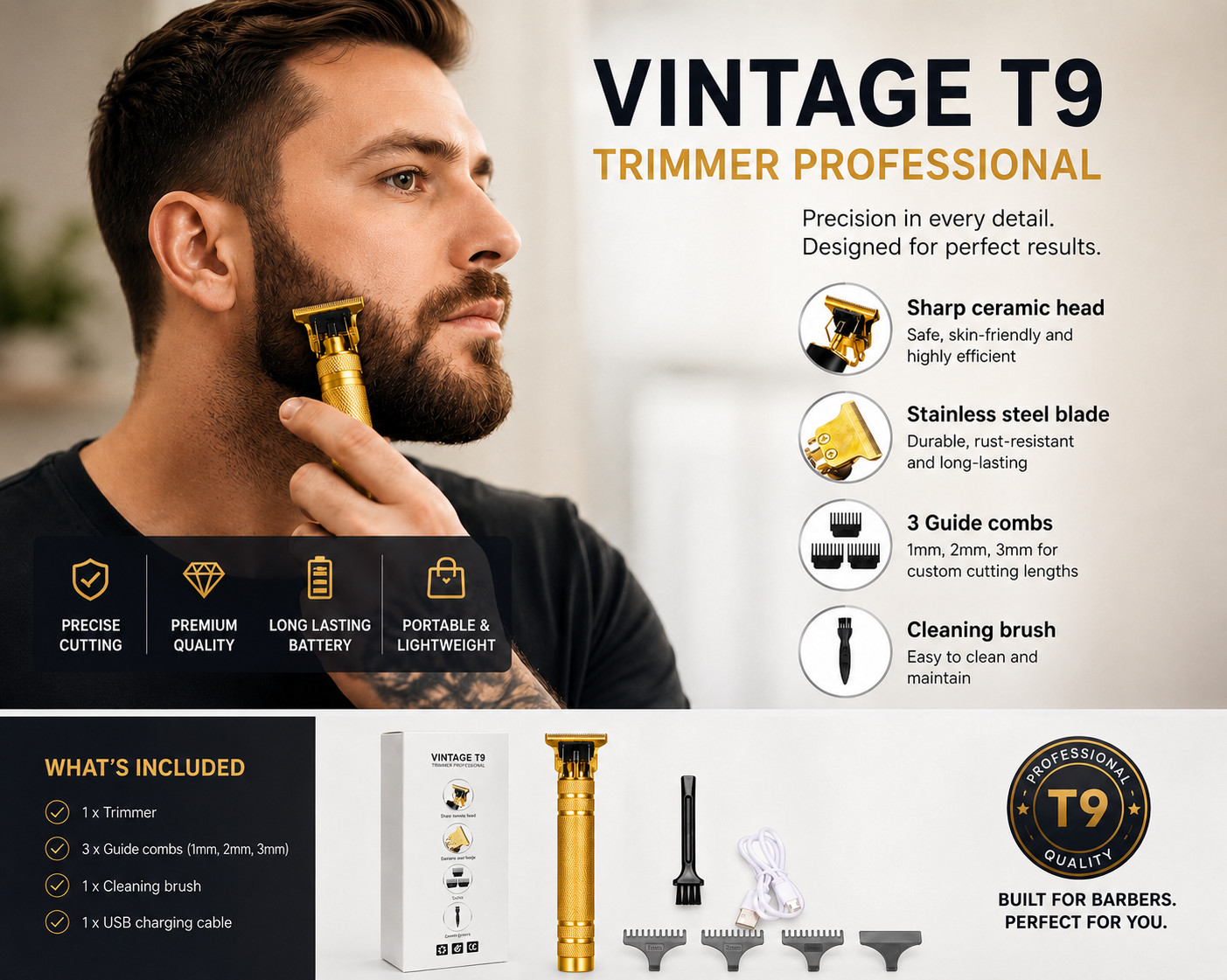 Vintage T9 Barbeador Gold Beard Hair Trimmer Cutter Machine for Men