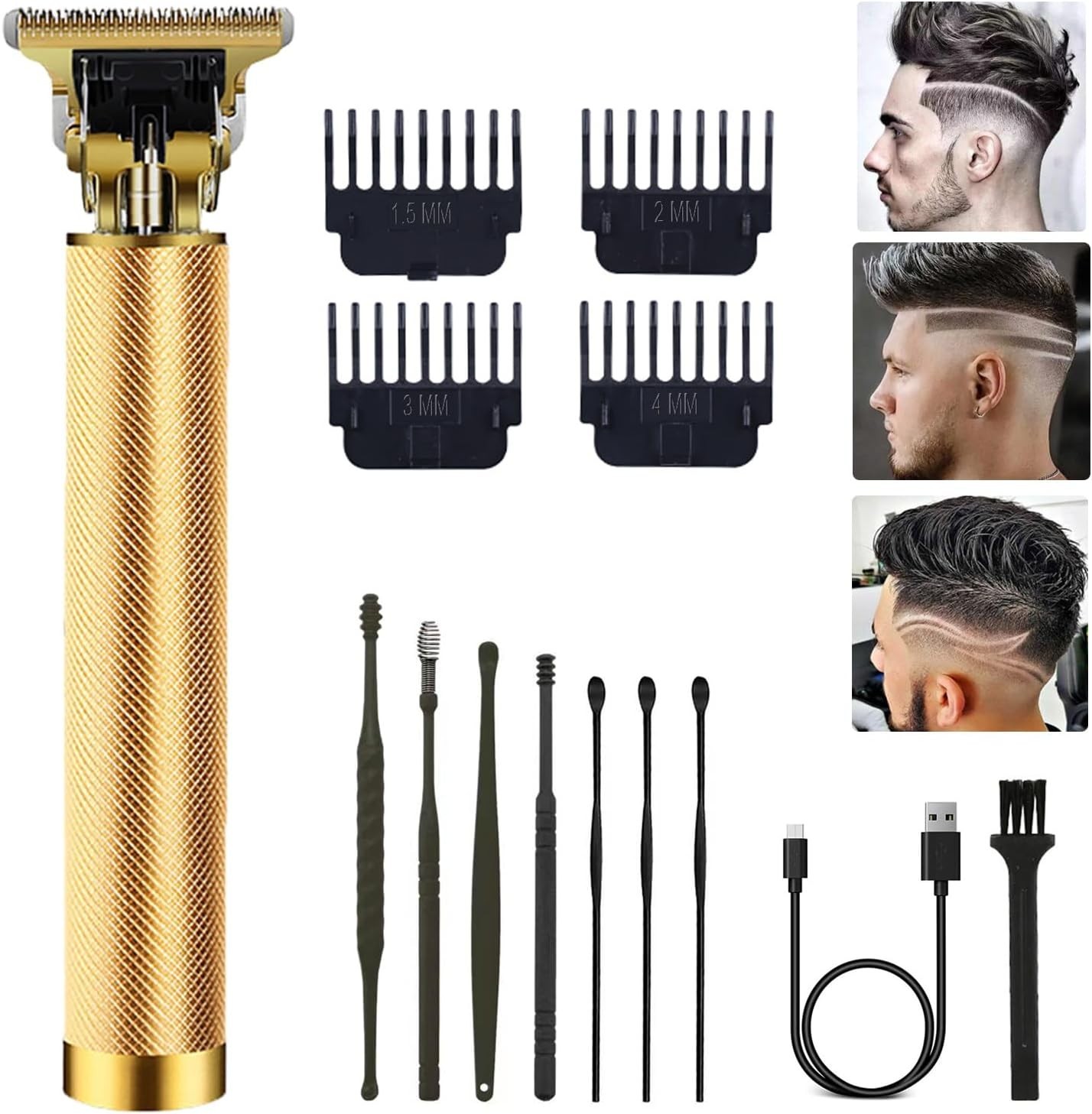 Cordless Professional Hair Cutting Kit with Ear Spoon Tools – Gold Finish