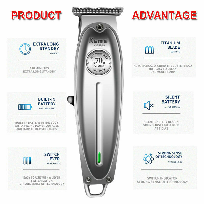 Kemei Professional Cordless Hair Clipper Trimmer Barber KM-1949 Metal Haircut