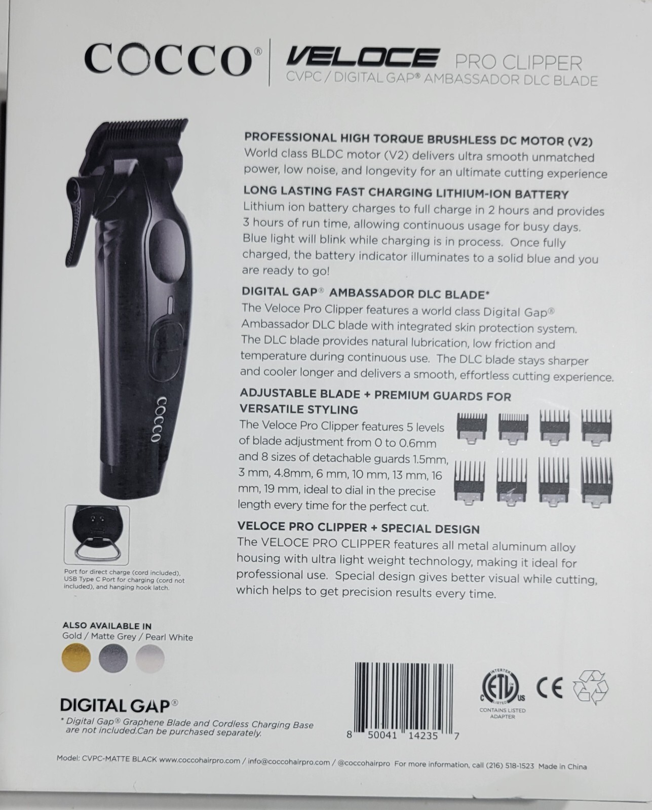 COCCO Veloce Pro MATTE BLACK Clipper Brushless Motor, Digital GAP GREPHENE Blade