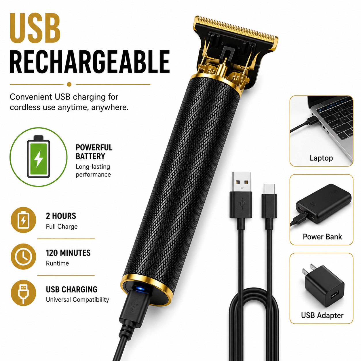 Vintage T9 Cordless Hair Trimmer Beard Clipper USB Rechargeable Gold Black