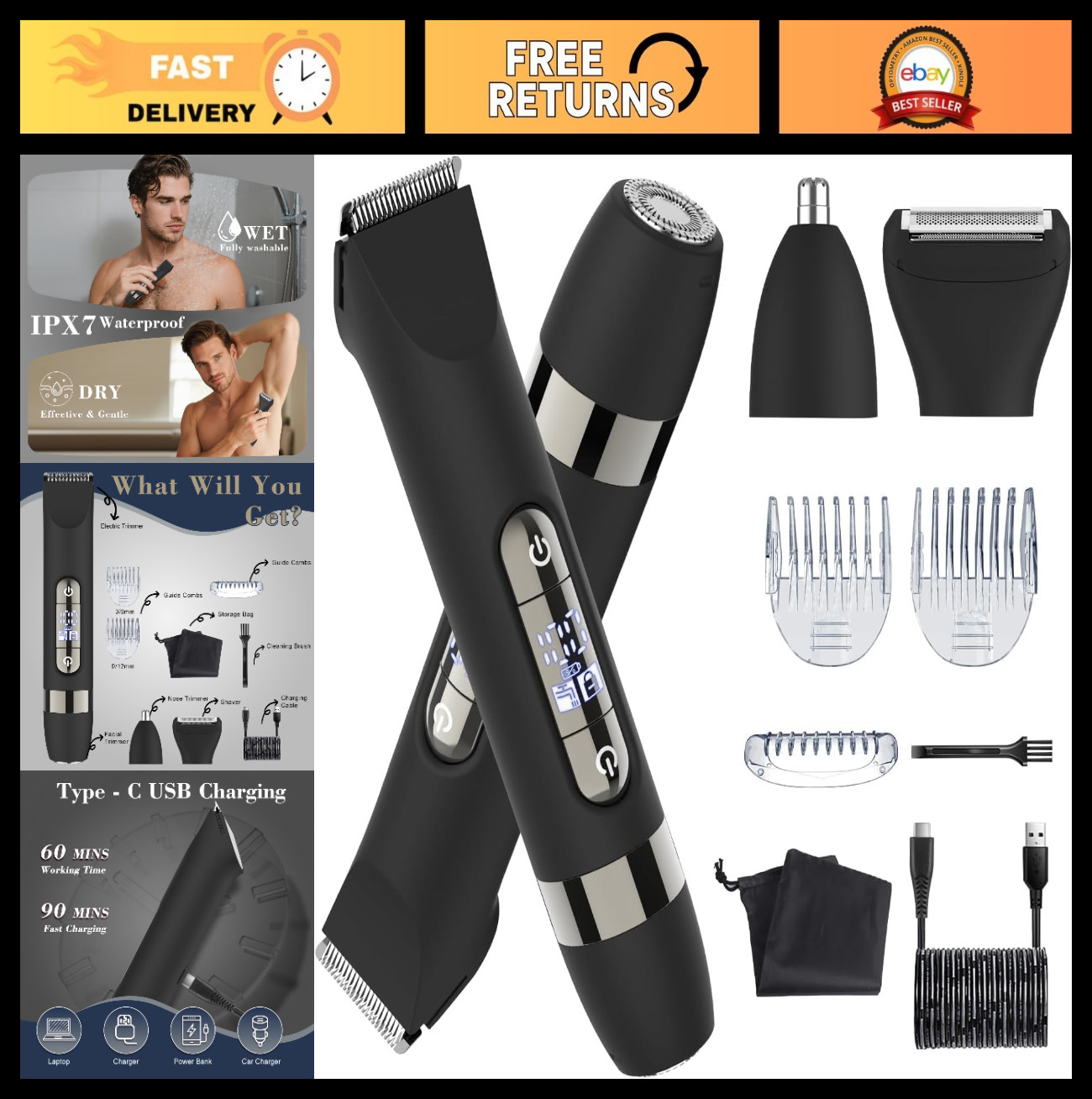 4-in-1 Waterproof Body Hair Trimmer & Groomer for Men, Rechargeable Electric Sha