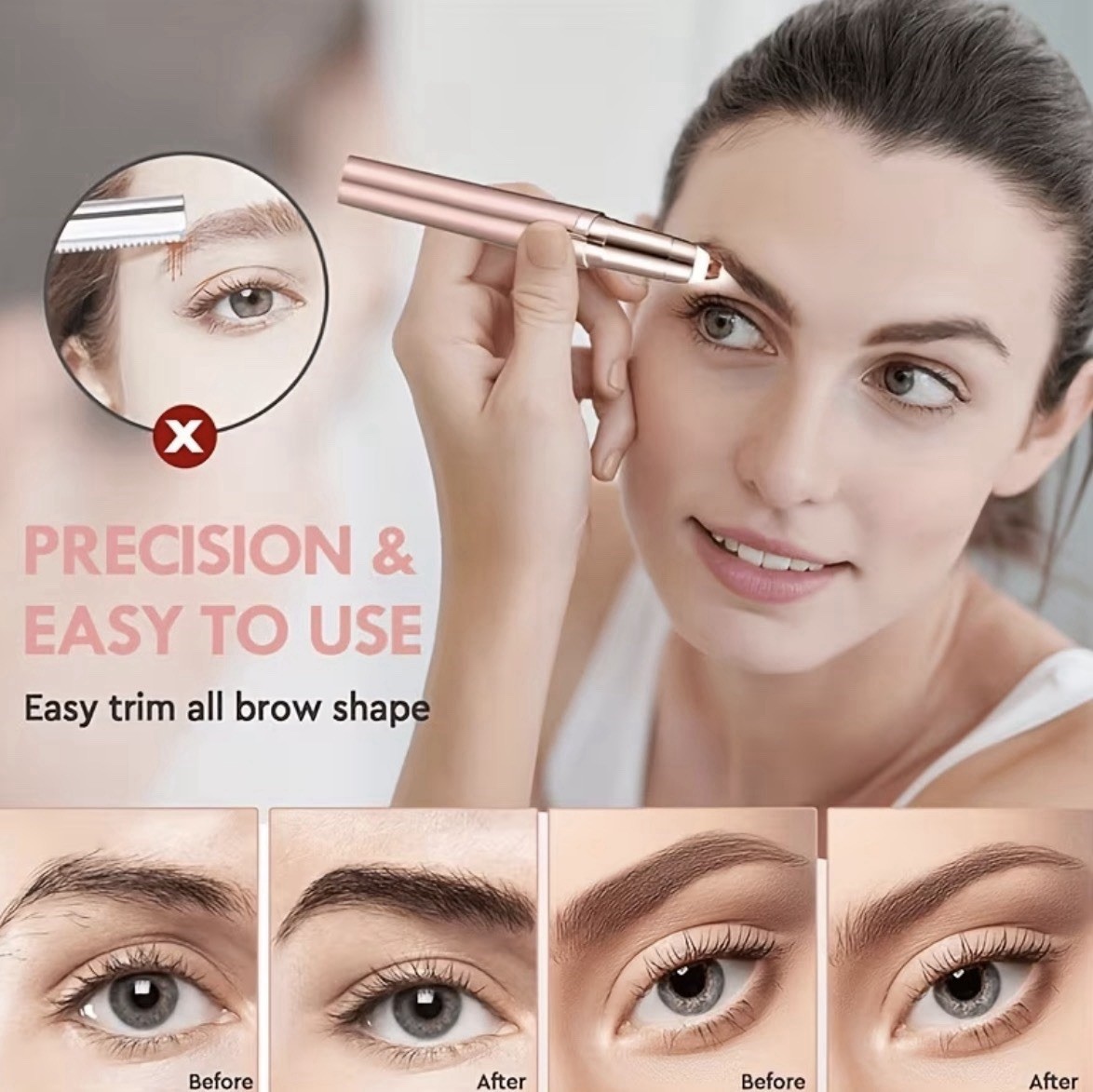 Rechargeable Cordless Eyebrow Trimmer w/ LED Light, USB Charging, Rose Gold