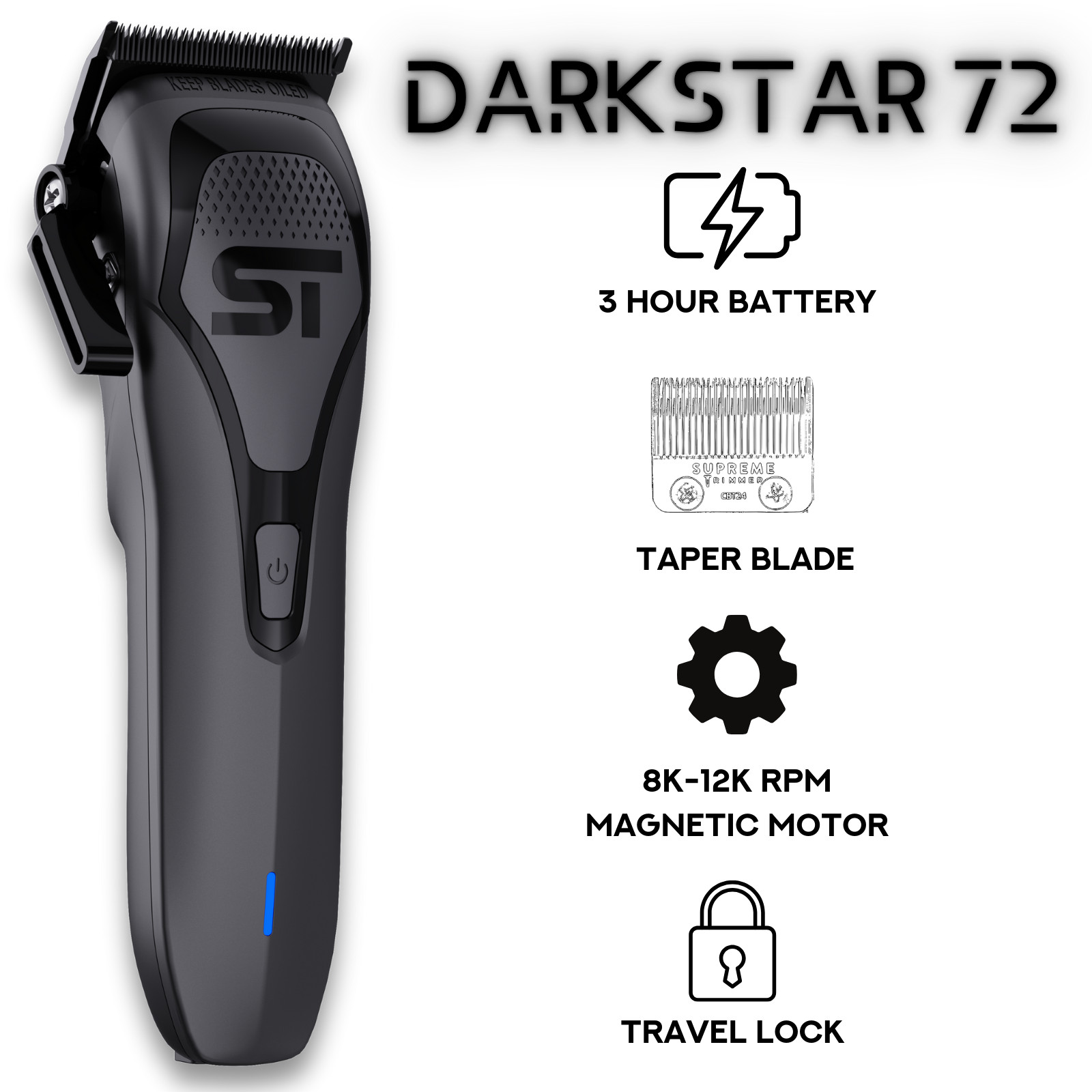 Supreme Trimmer DARKSTAR 72 DLC Taper Clipper w/ Magnetic Vector Motor | Black