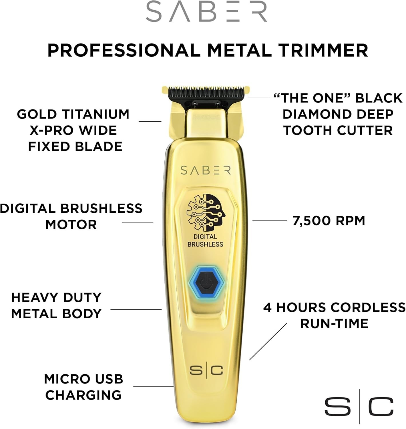StyleCraft by Silver Bullet Saber Hair Trimmer Gold – Digital Brushless Motor